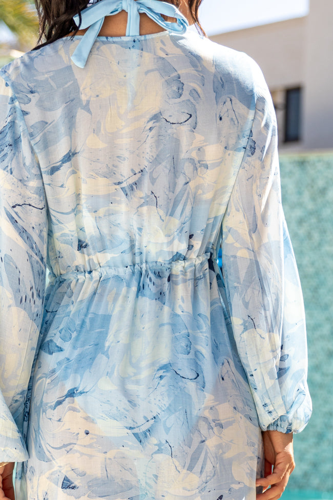 Stylish Blue Printed Long Sleeve Swim Cover Up - Beachwear for Women | Perfect for Poolside, Vacation & Summer Outfits