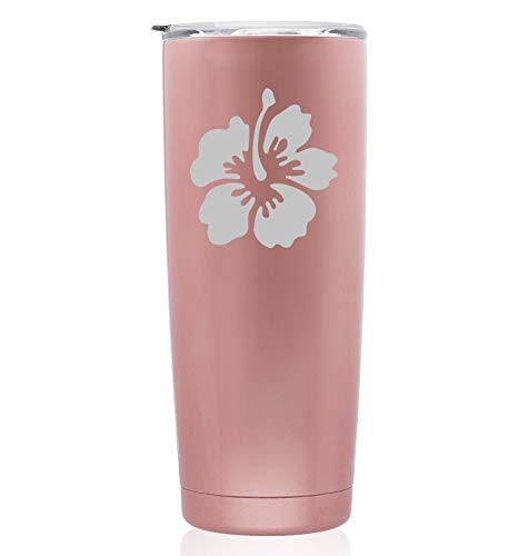 Rose Gold Double Wall Vacuum Insulated Stainless Steel Tumbler - 20oz Skinny Travel Mug with Hibiscus Flower Design | Perfect for Coffee, Tea & Cold Drinks On-The-Go