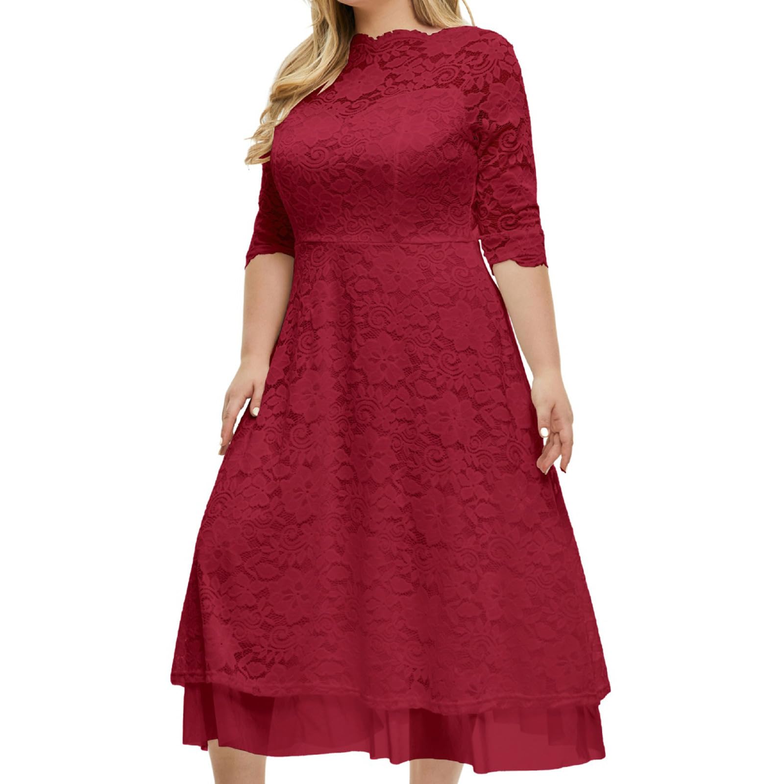 Elegant Plus Size Women's Lace 3/4 Sleeve Cocktail Dress - Long Formal Maxi Dress for Wedding Guest, Bridesmaid, Party & Special Occasions | Perfect for Evening Galas, Cocktail Receptions & Formal Events