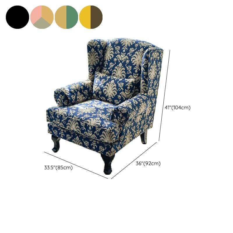 Tropical Yellow Blue Floral Toile Pattern Foam Accent Chair with Fixed Back, Arms and Pillow - Perfect for Living Room, Bedroom or Office Decor