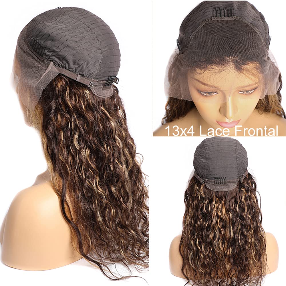 Smavida Ombre 13x4 HD Lace Front Wigs Human Hair - Pre Plucked 4/27 Honey Blonde Highlight Water Wave Lace Frontal Wig for Women - 180% Density Deep Curly Glueless Human Hair Wig for Daily Wear & Special Occasions