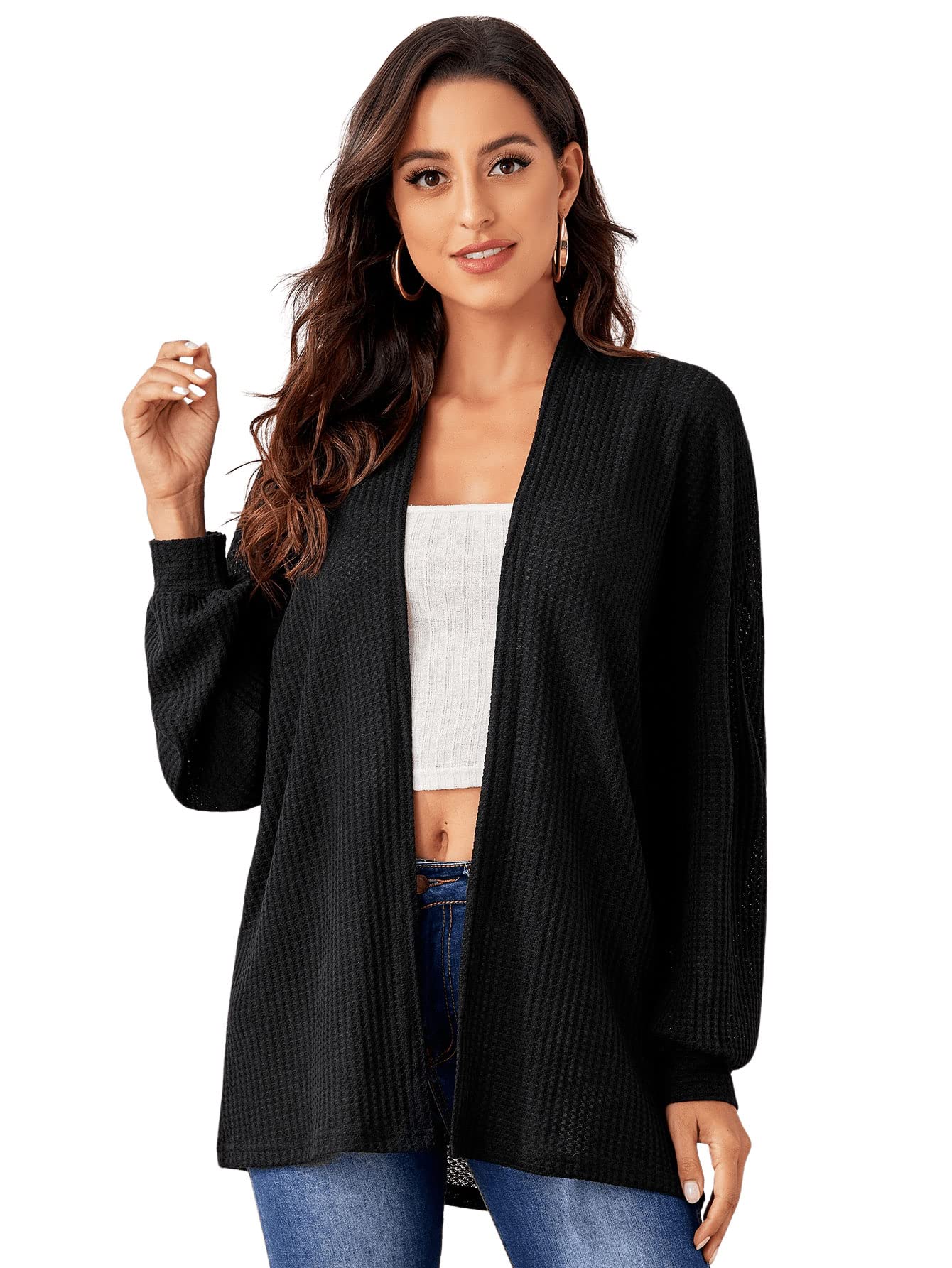 SweatyRocks Women's Waffle Knit Long Sleeve Open Front Cardigan - Drop Shoulder Casual Jacket for Fall & Winter | Cozy Layering Piece for Office, Date Night & Weekend Outings