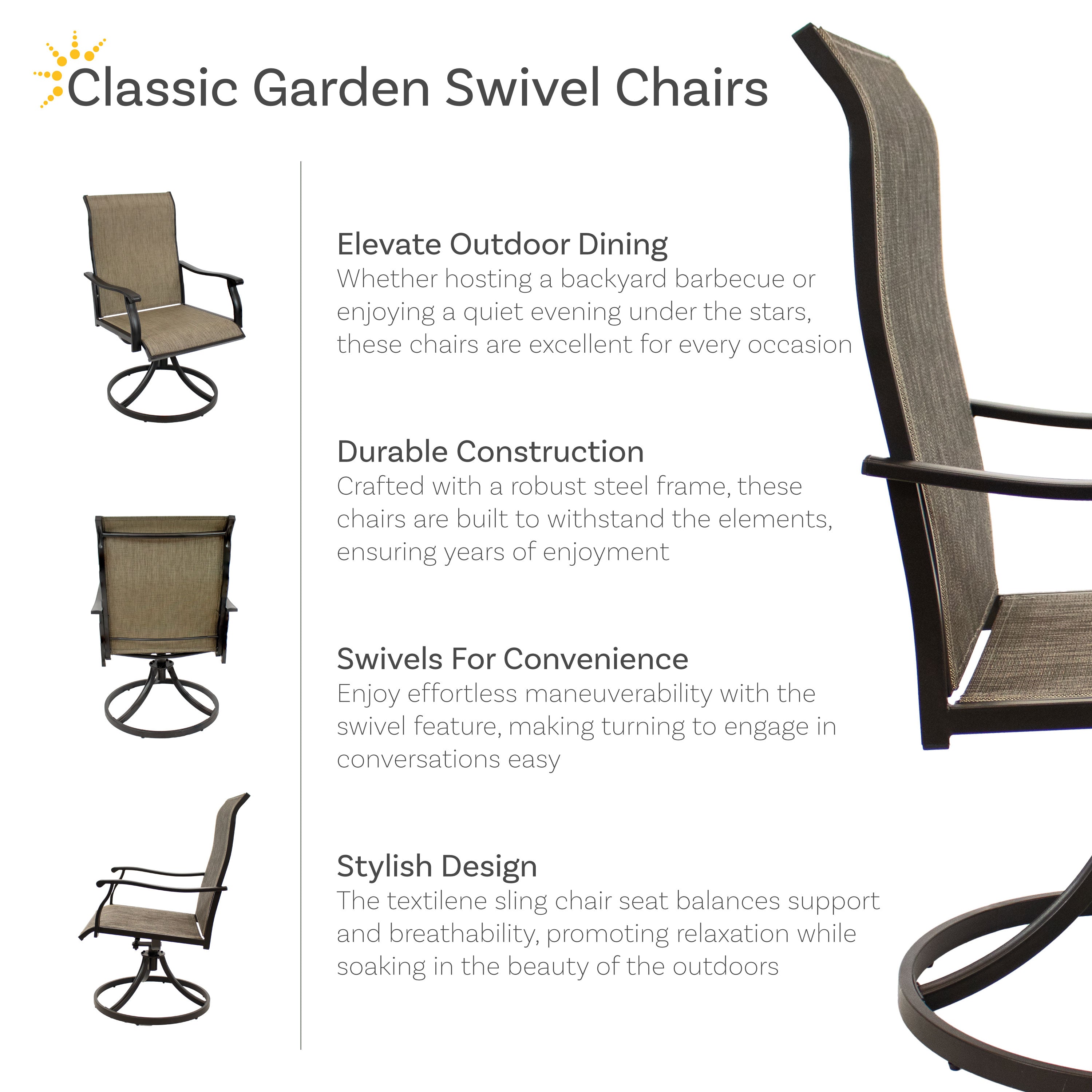 Sunnydaze High Back Swivel Patio Dining Chairs - Set of 2, Brown - Comfortable Outdoor Seating for Garden, Deck, Poolside & Backyard Dining