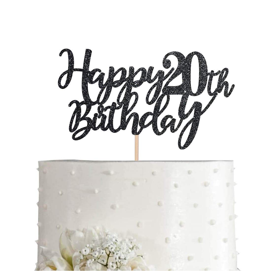 20th Birthday Cake Topper - Black Glitter Happy Birthday Decorations for Party, Wedding & Anniversary Cakes - Perfect for 20 Year Old Celebrations, Milestone Parties & Special Occasions