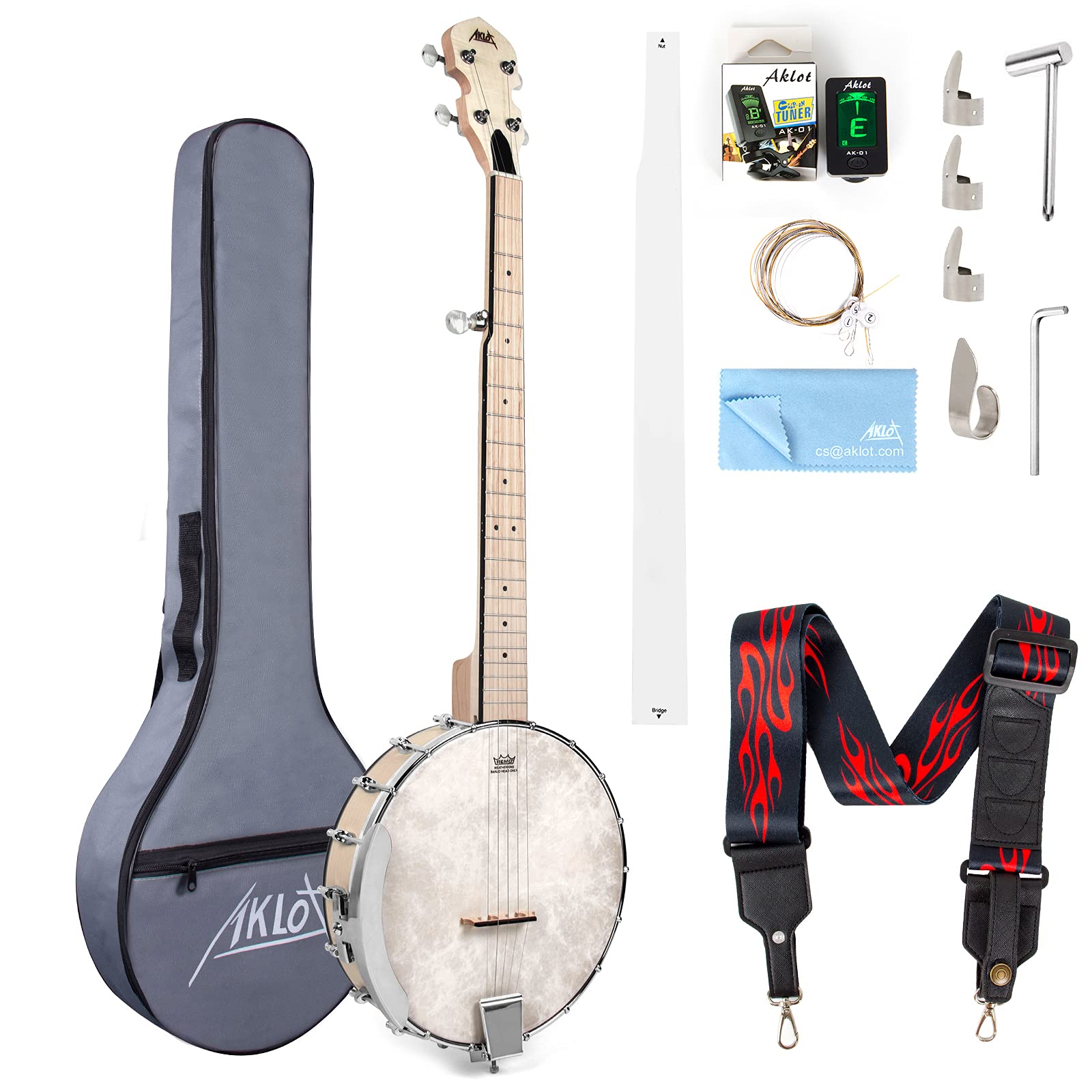 AKLOT 5-String Full Size Open Back Banjo - Professional Maple Body with Remo Head, Adjustable Neck - Includes 2 Tuning Wrenches, 4 Picks, Strings, Digital Tuner, Strap, Ruler & Cleaning Cloth with Gig Bag - Perfect for Beginners & Professionals - Ideal for Bluegrass, Folk Music & Live Performances