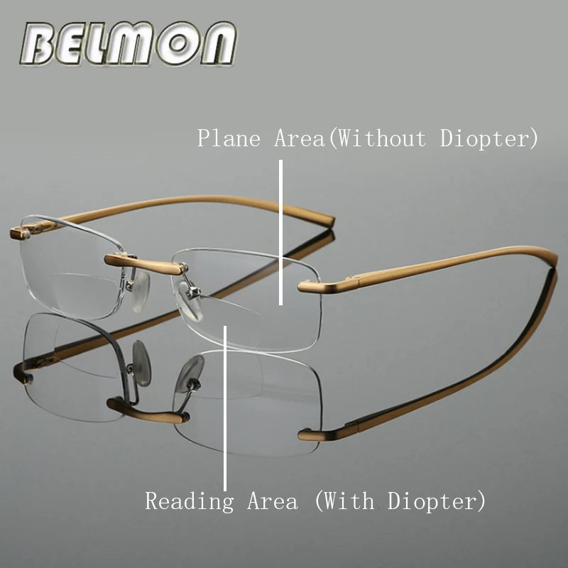 Belmon Unisex Rimless Square Aluminum Magnesium Bifocal Reading Glasses - Lightweight & Durable for Computer Work, Reading, and Office Use (Model RS341)