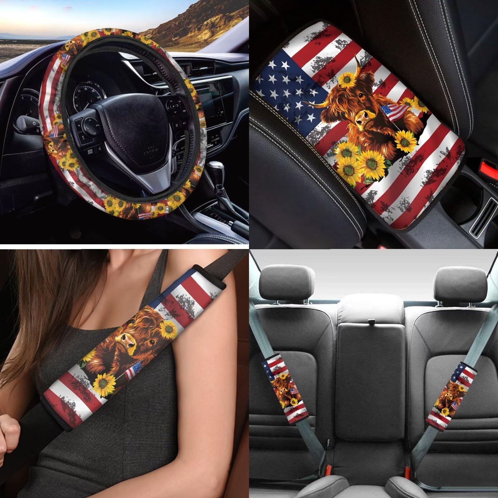 15 Inch Polyester Steering Wheel Cover with American Flag, Sunflower & Highland Cow Design - Pack of 4 Comfortable Car Seatbelt Cushion Pads & Armrest Protectors - Durable Car Interior Accessories for Road Trips & Daily Commutes