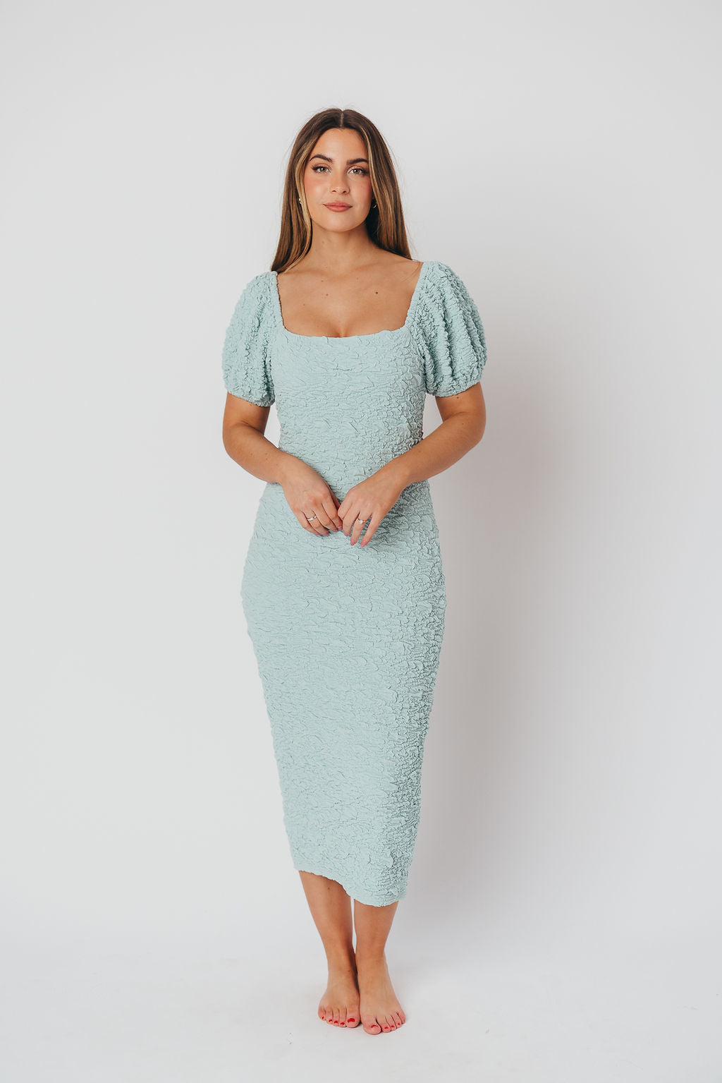 Blakeley Textured Midi Dress - Seafoam Green Bump Friendly Maternity Dress for Women | Perfect for Baby Showers, Maternity Photos & Everyday Wear