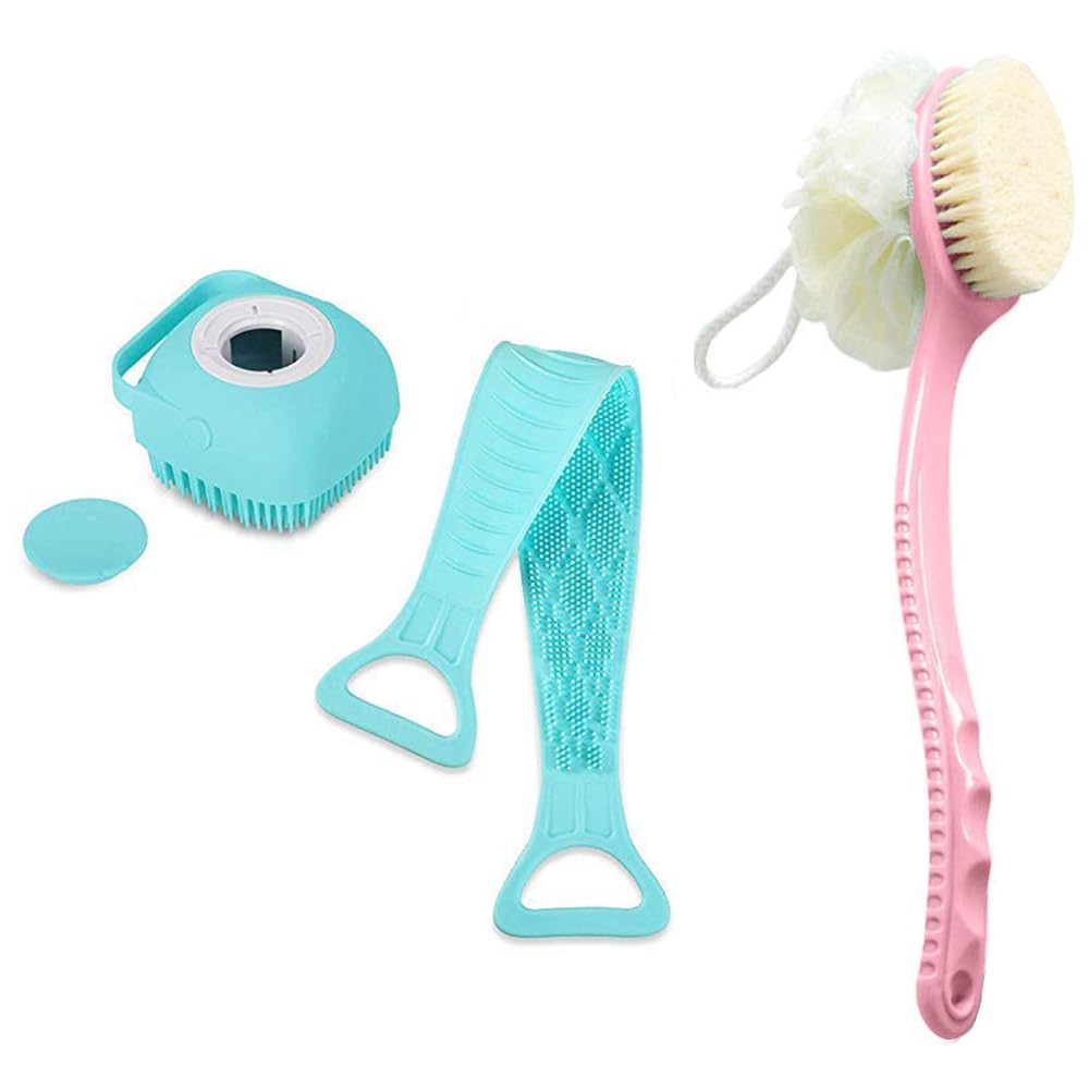 3-Pack Silicone Body Bath Brush Set with Shampoo Dispenser & Back Scrubber - Soft Exfoliating Shower Brush for Men, Women & Kids (Multi-Color) - Perfect for Sensitive Skin & Spa-Like Bath Experience