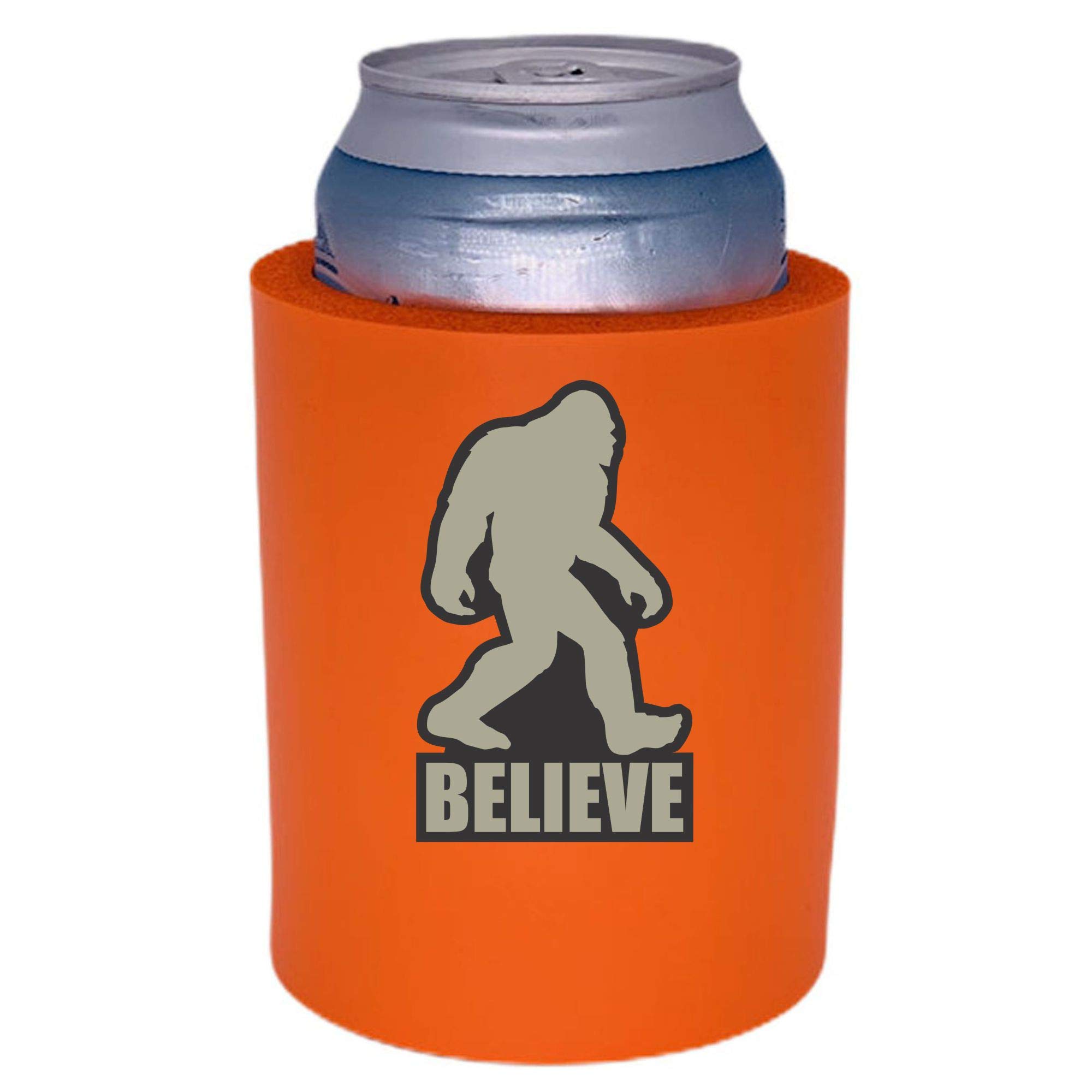 Bigfoot Believe Thick Foam Can Cooler - Insulated Orange Beer Koozie (1 Pack) for Camping, Tailgating & Outdoor Parties