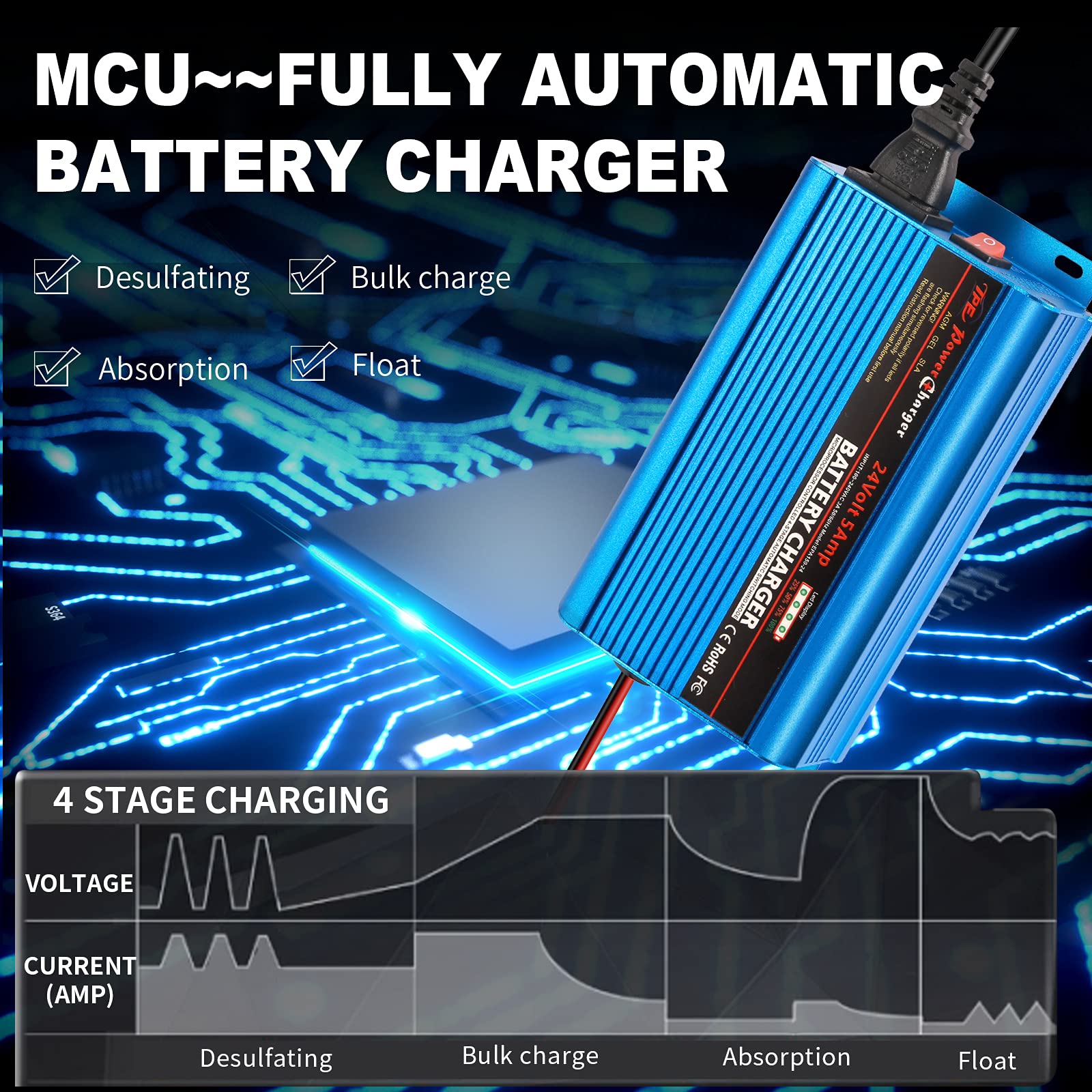 24V 5A Smart Automatic Battery Charger & Maintainer with XLR Connector - Universal for Car, Boat, Lawn Mower, Marine, Scooter, Wheelchair, Motorcycle, eBike - Perfect for Home, Garage & Outdoor Use