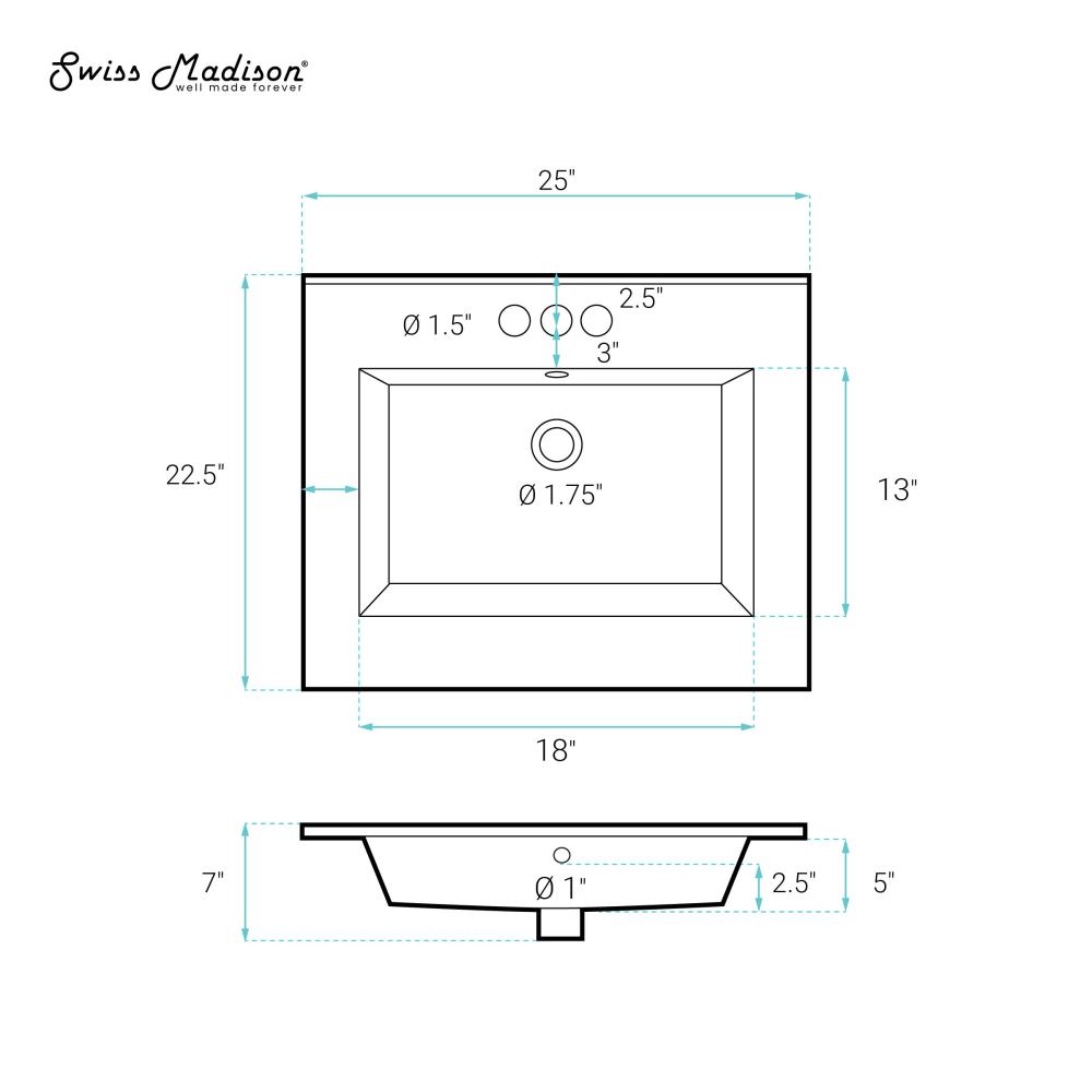 Voltaire 25-Inch Bathroom Vanity Top with Sink & 3 Centerset Faucet Holes - Perfect for Modern Bathroom Renovations & Small Space Solutions