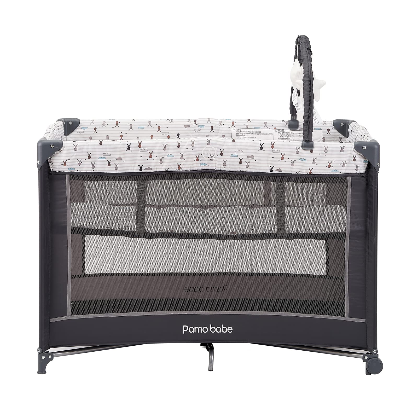 Pamo Babe Portable Baby Playpen - Lightweight Travel Playard with Mattress & Wheels for Indoor/Outdoor Use | Rabbit Design | Safe Play Area for Toddlers & Infants