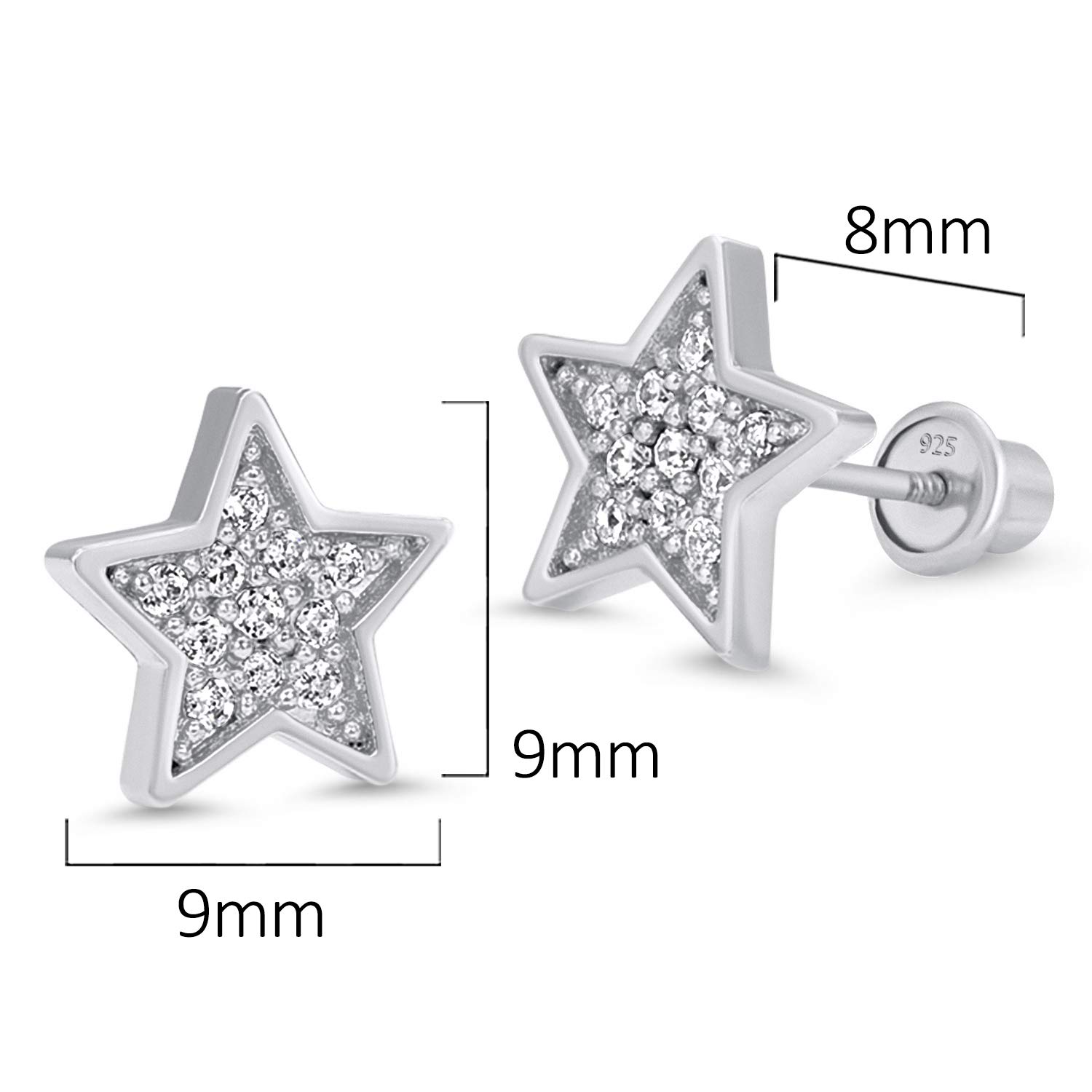 925 Sterling Silver Rhodium Plated Star Pave Cubic Zirconia Screwback Earrings for Baby Girls | Hypoallergenic & Comfortable | Perfect for Birthdays, Christenings & Special Occasions