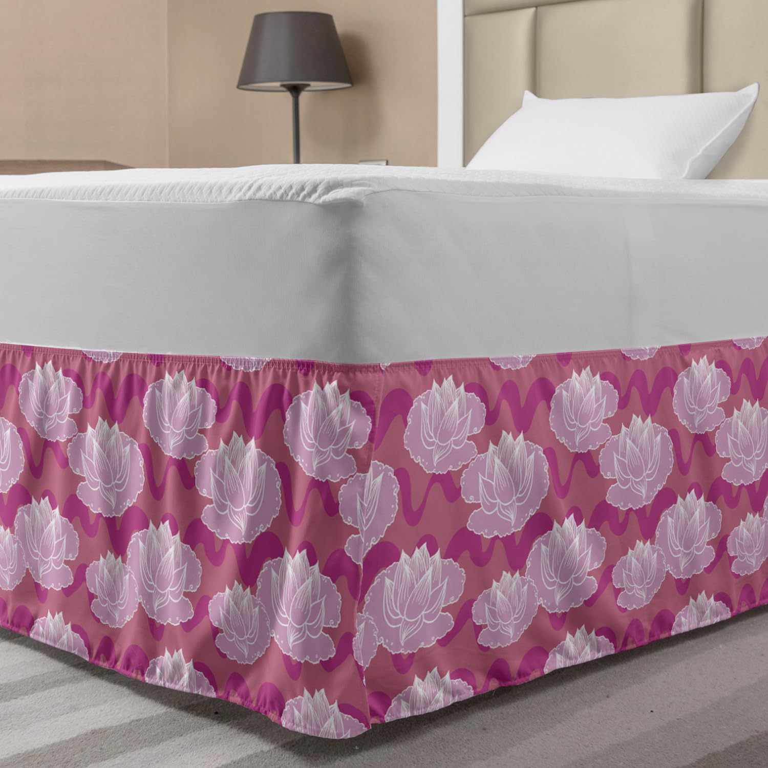 Ambesonne Lotus Bed Skirt - Japanese Waterlilies Floral Design Elastic Dust Ruffle Wrap for Twin/Twin XL Beds | Pink Coral & Pale Pink | Perfect for Bedroom Decor, Guest Rooms & Boho Chic Home Styling