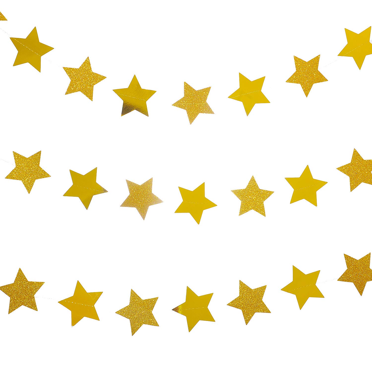 WEVEN Gold Glitter Star Garland - Reflective Paper Party Streamers & Twinkle Star Banner Backdrop for Wedding, Baby Shower, Nursery, Graduation Party Decorations (3
