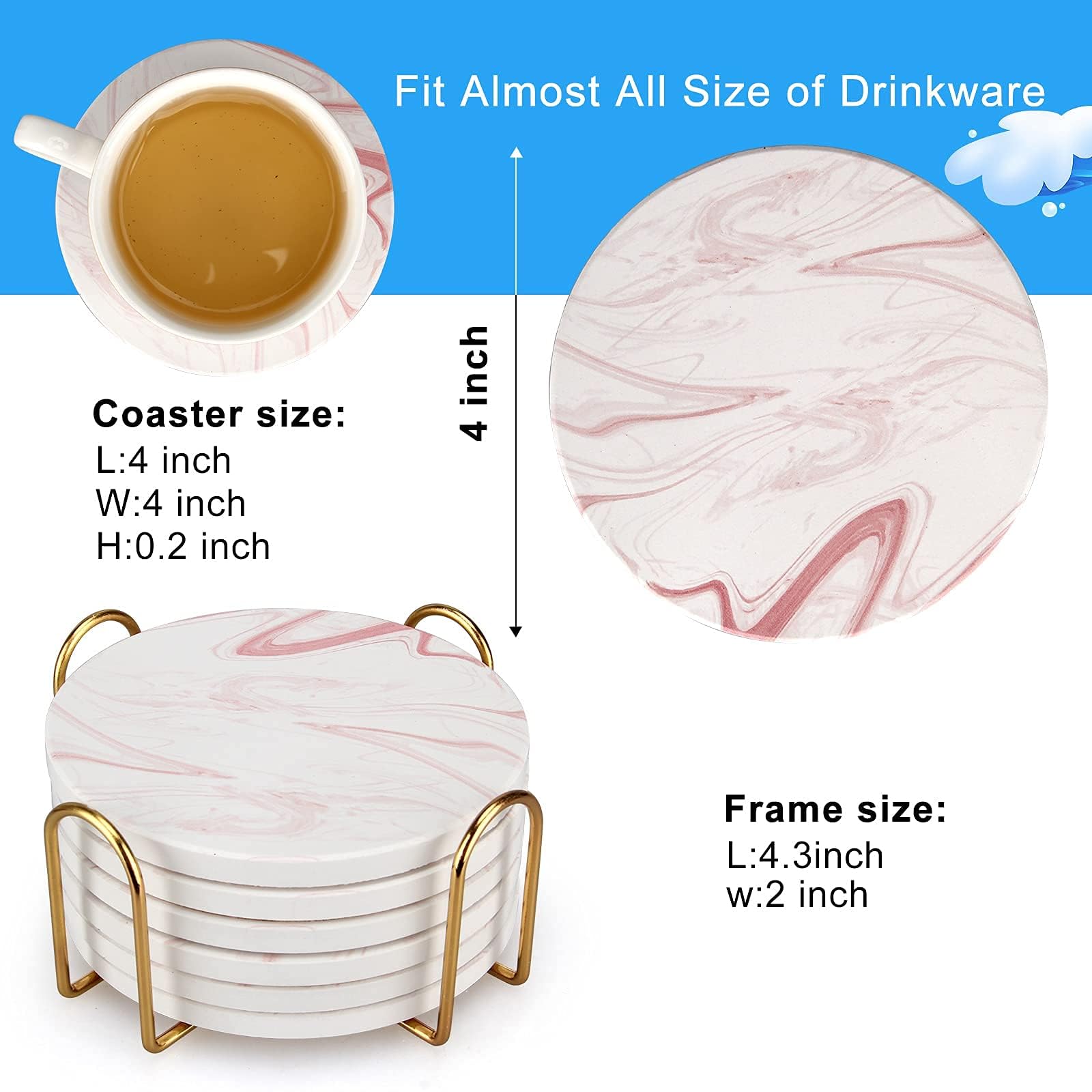Pink Marble Coasters Set of 6 - Absorbent Ceramic Drink Coasters with Holder for Coffee, Tea & Beverages - Elegant Home Decor for Kitchen, Bar, Office & Dining Table - Perfect Gift Idea for Housewarming & Hostess