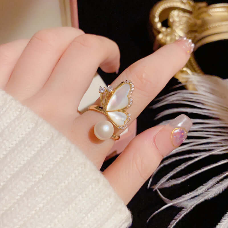 Fairy Butterfly Pearl Cocktail Rings for Women | Elegant Vintage Jewelry K4113 | Perfect for Parties, Weddings & Special Occasions