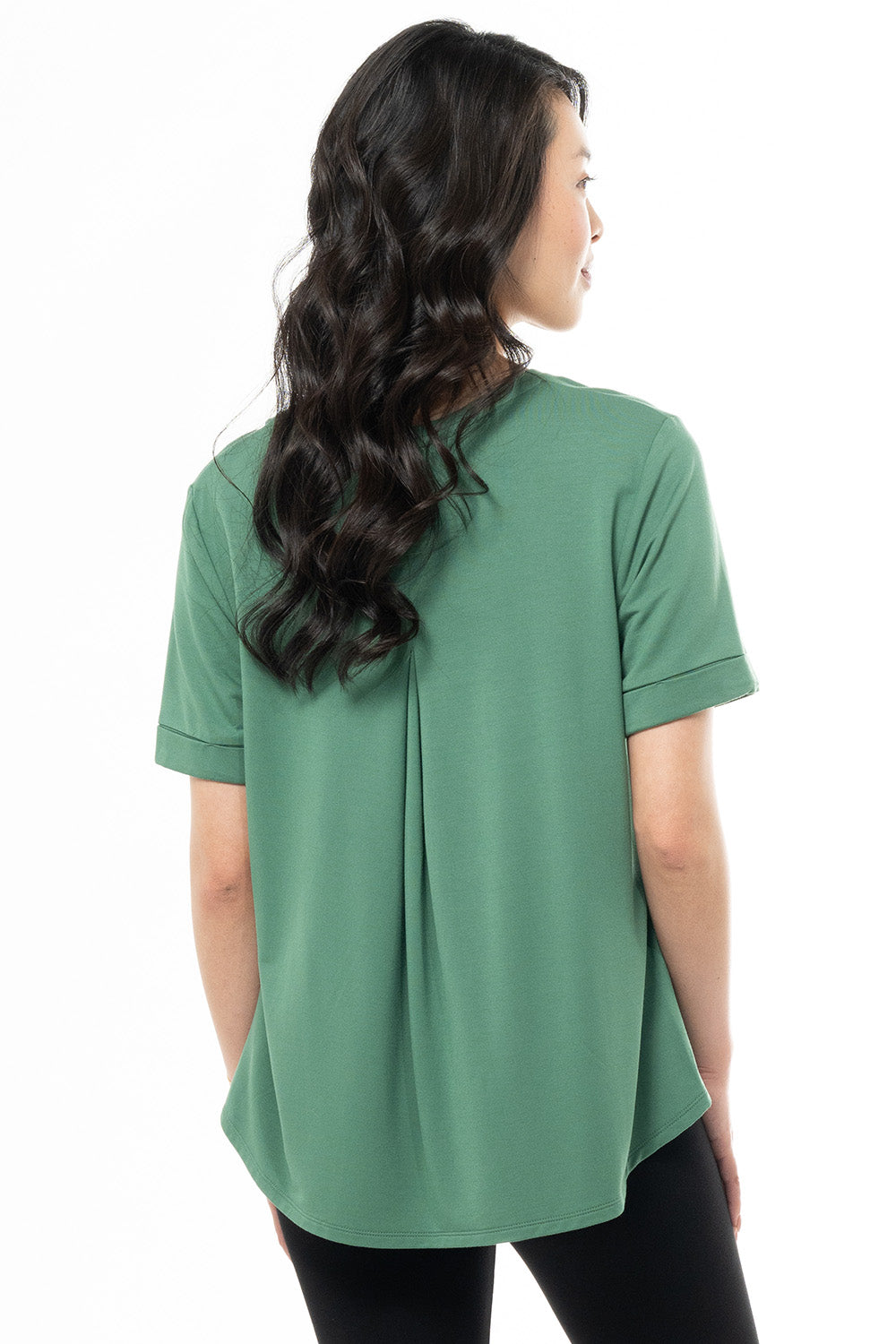 Nicola Folded Cuff Bamboo Short Sleeve T-Shirt for Women - Soft Eco-Friendly V-Neck Top in Forest Green - Perfect for Casual Wear, Yoga & Summer Outfits