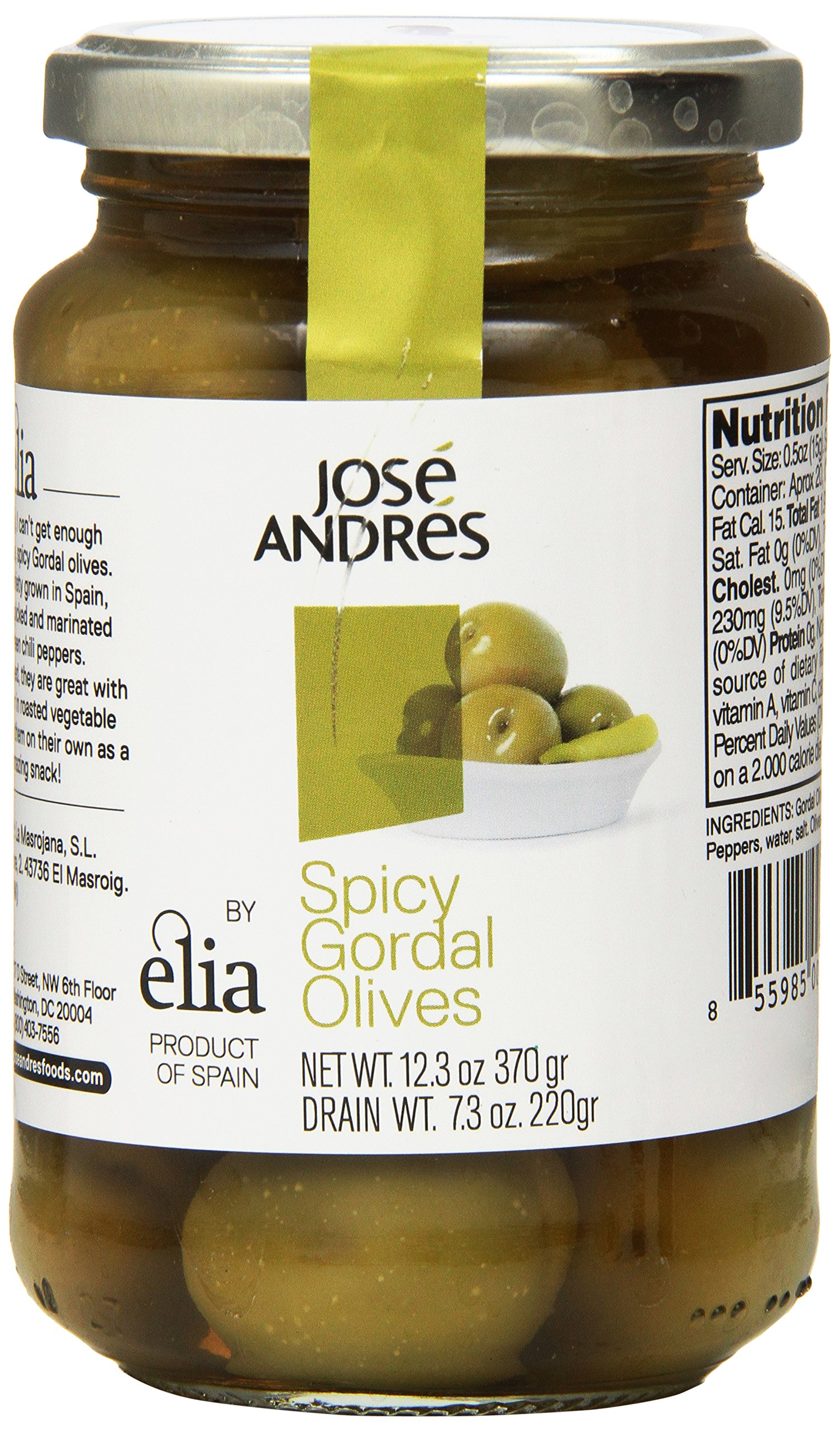 Jose Andres Foods Spicy Gordal Olives - 12.3 oz (348g) | Large Spanish Green Olives with Chili | Perfect for Tapas, Charcuterie Boards & Mediterranean Recipes