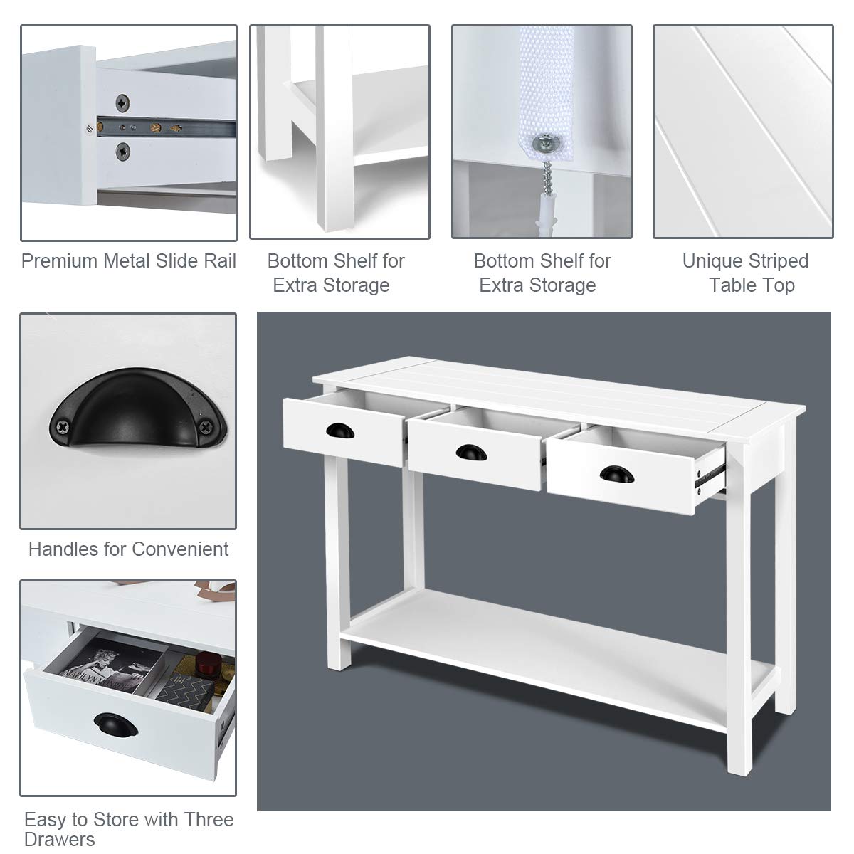 Giantex 3-Drawer Console Table with Shelf - White Sofa Side Table, Rectangular Entryway Table for Living Room & Hallway - Perfect for Home Decor, Storage & Organization