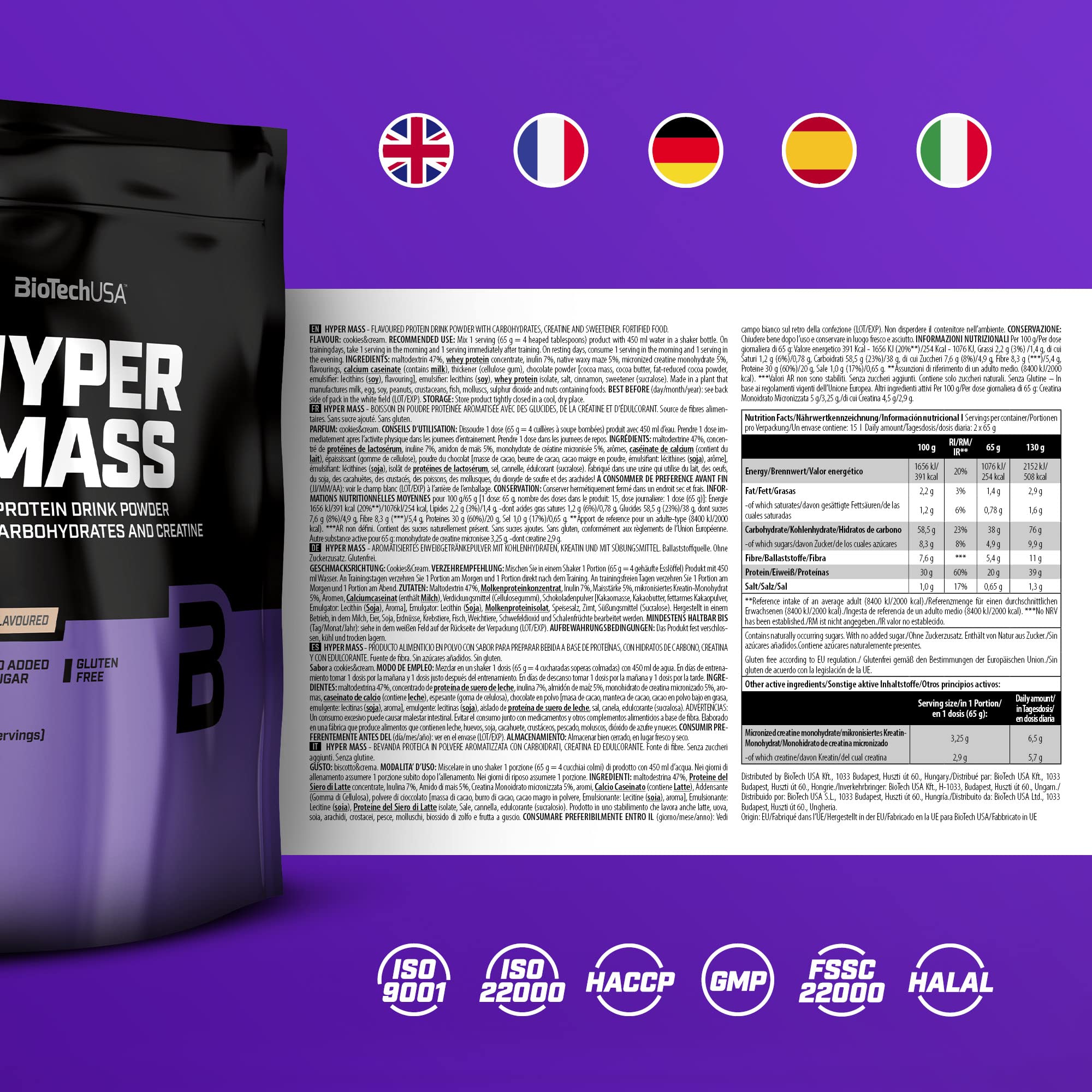 BioTechUSA Hyper Mass Gainer - Cookies & Cream Flavor, 1000g Protein Powder for Muscle Growth & Weight Gain | Perfect for Post-Workout Recovery & Bodybuilding Nutrition