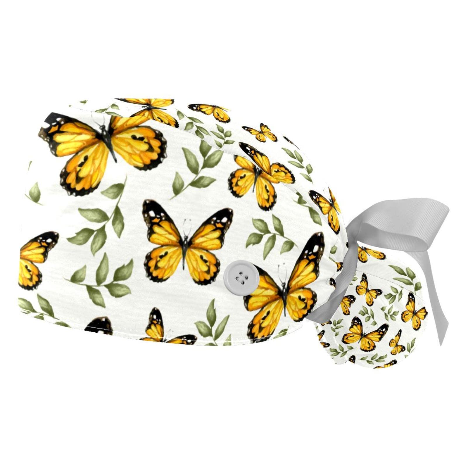 Stylish Butterfly Print Scrub Hats for Women & Men - 2 Pack Long Hair Surgical Caps with Button Closure & Sweatband | Perfect for Nurses, Doctors & Healthcare Professionals