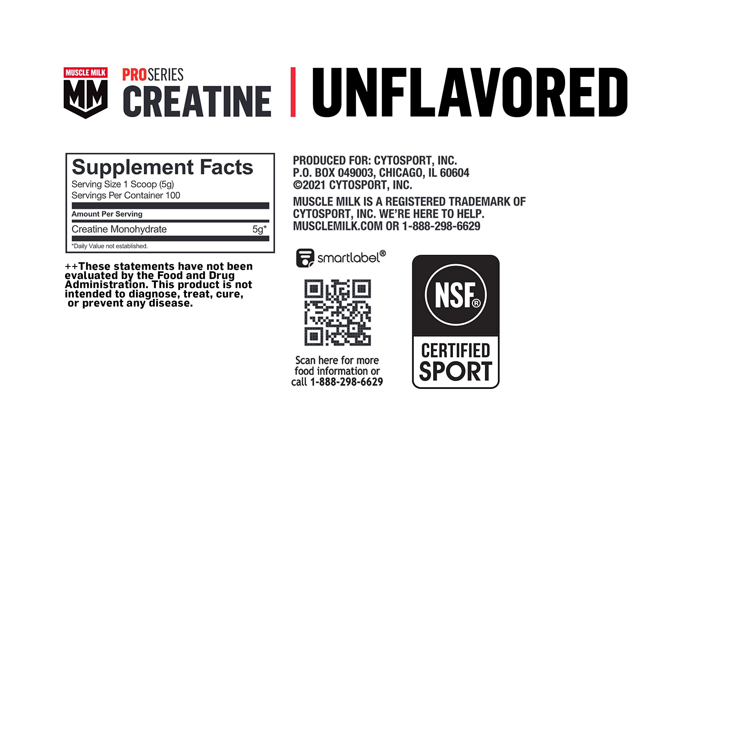 Muscle Milk Pro Series Creatine Powder - Unflavored 1.1lb (100 Servings) | 5g Pure Creatine Monohydrate per Serving | NSF Certified for Sport | Ideal for Post-Workout Recovery & Muscle Growth | Packaging May Vary