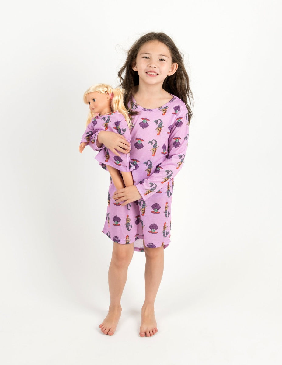 Matching Girl and Doll Mermaid Nightgown Set - Cute Twin Sleepwear for Kids & Toys - Perfect for Bedtime, Dress-Up & Photo Shoots
