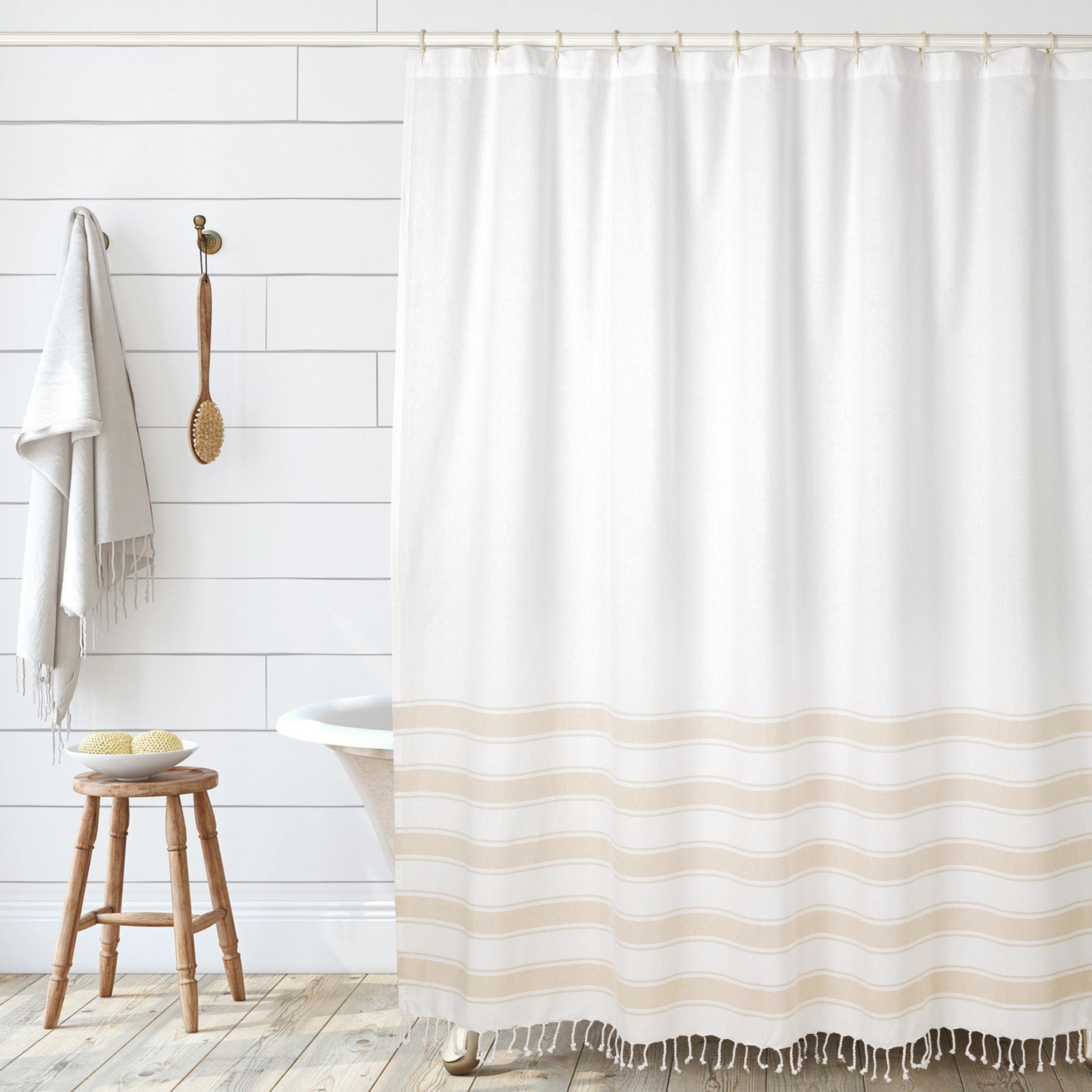 Folkulture Wooden Toothbrush Holder & Water Repellent Shower Curtain Set - Modern Bathroom Organizer with Tassels for Toothbrush Storage & Shower Protection | Perfect for Small Bathrooms, Dorm Rooms & Apartment Decor