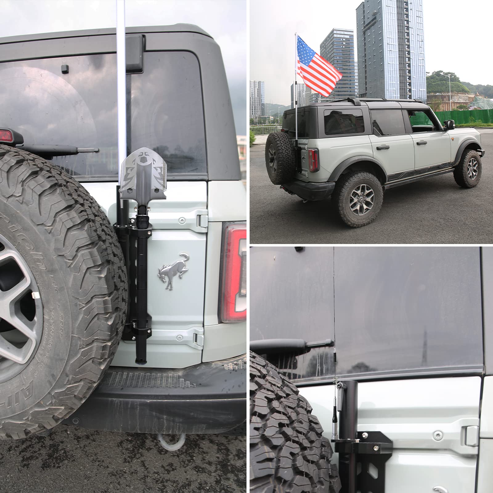 Guina 3-in-1 Aluminum Antenna Mount Flagpole Holder & Tailgate Hinge Mount for Ford Bronco 2021-2022 - No Drilling Installation - Perfect for Off-Road Adventures, Tailgating & Military Shovel Mounting