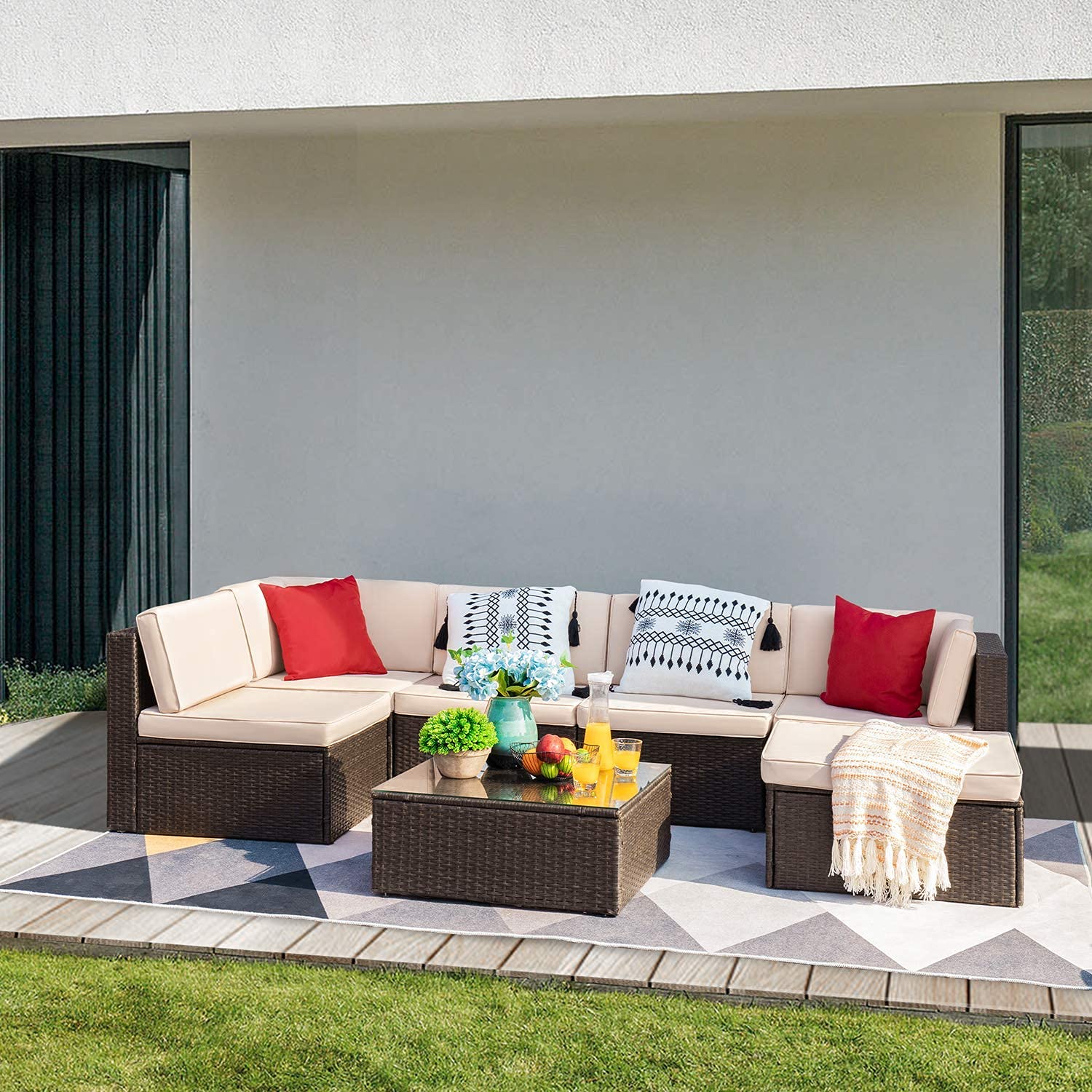 Devoko 7-Piece All-Weather Outdoor Patio Furniture Set - Beige Wicker Rattan Sectional Sofa with Cushions & Glass Coffee Table - Perfect for Backyard, Poolside & Garden Relaxation