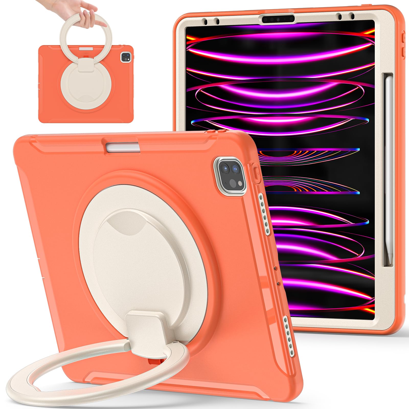 BATYUE iPad Pro 12.9 Case (6th/5th/4th/3rd Gen 2022-2018) - Shockproof Protective Cover with Apple Pencil Holder & 360° Rotating Stand | Perfect for Work, Study, and Travel - Orange