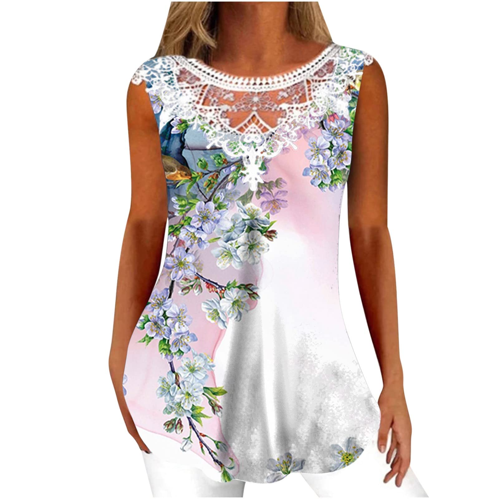 Oelaio Women's Lace Summer Tank Tops - Loose Fit Scoop Neck Sleeveless Hollow Out Blouse with Trendy Floral Print in Soft Pink | Perfect for Beach, Vacation & Casual Outfits