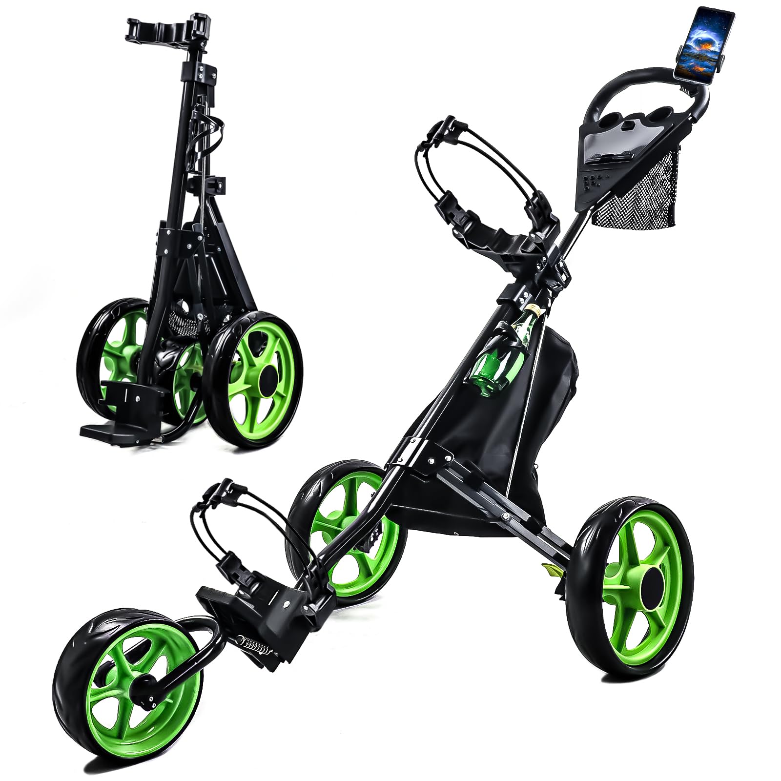 LTY 3-Wheel Folding Golf Push Cart with Foot Brake, Phone Holder & Waterproof Cooler Bag - Lightweight Portable Golf Cart with Adjustable Handle for Easy Storage | Perfect for Golf Courses, Practice Ranges & Outdoor Sports