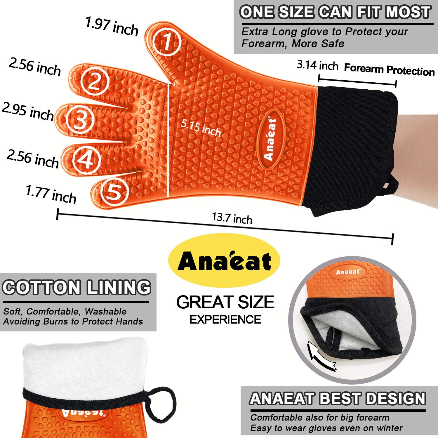 Heat Resistant BBQ Grilling Gloves - Waterproof Oven Mitts with Cotton Lining for Barbecue, Baking & Cooking - Flexible Silicone Potholder with Long Wrist Protection (Orange) - Perfect for Outdoor Grilling, Kitchen Baking & Hot Food Handling