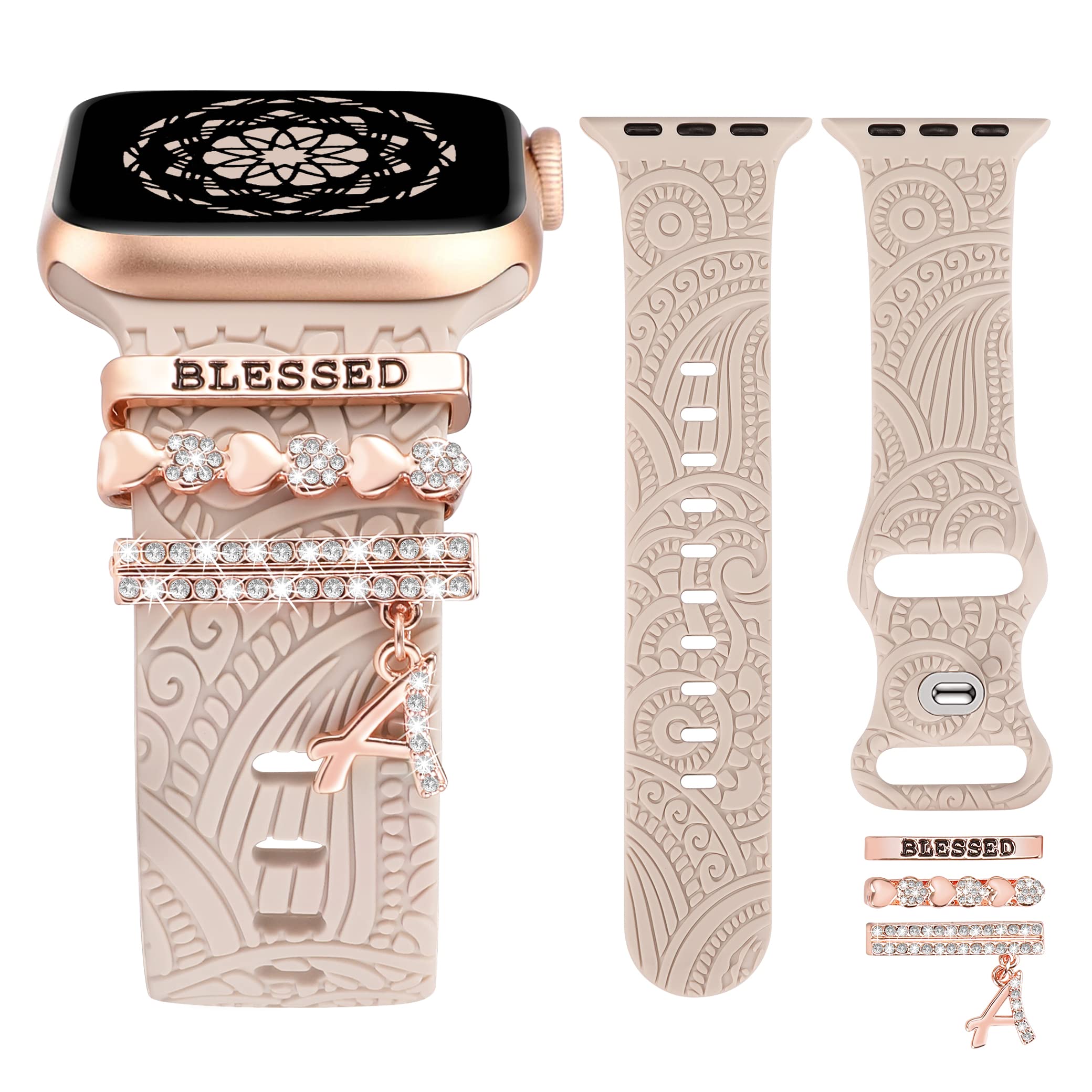 Boho Engraved Decorative Ring Loops for Apple Watch Bands - Compatible with iWatch Series 8/7/6/5/4/3/2/1/SE/Ultra (41mm 40mm 38mm 42mm 44mm 45mm 49mm) - Stylish Silicone Strap Charms for Women - Perfect for Everyday Wear, Boho Fashion & Gift Giving