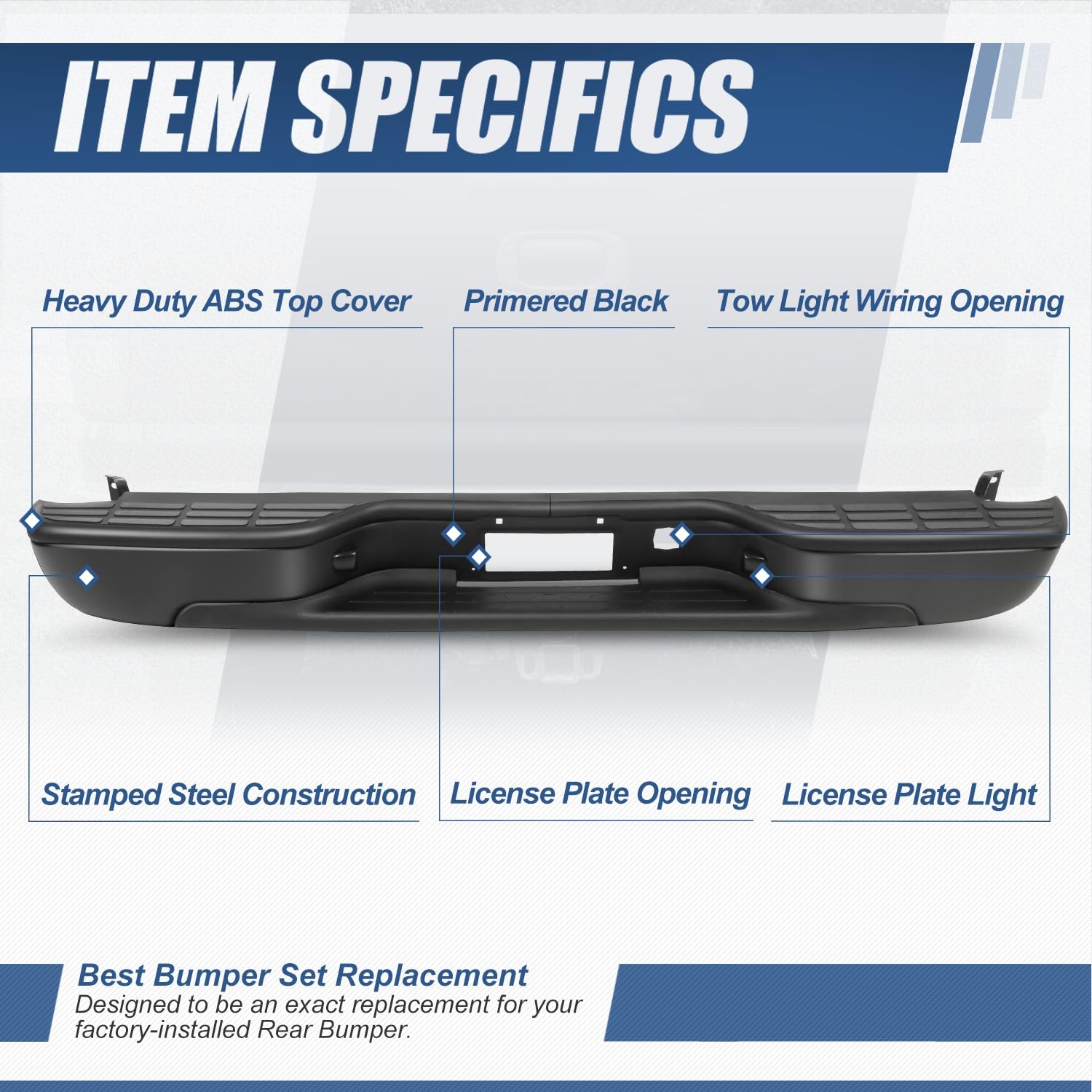 Auto Dynasty Rear Step Bumper Assembly for 1999-2006 Chevy Silverado & GMC Sierra 1500/2500 | 2007 1500 Classic Fleetside/Styleside | Black Powder Coated | w/License Plate Lights | No Parking Sensor Hole | Heavy Duty Truck Accessory for Off-Road & Towing