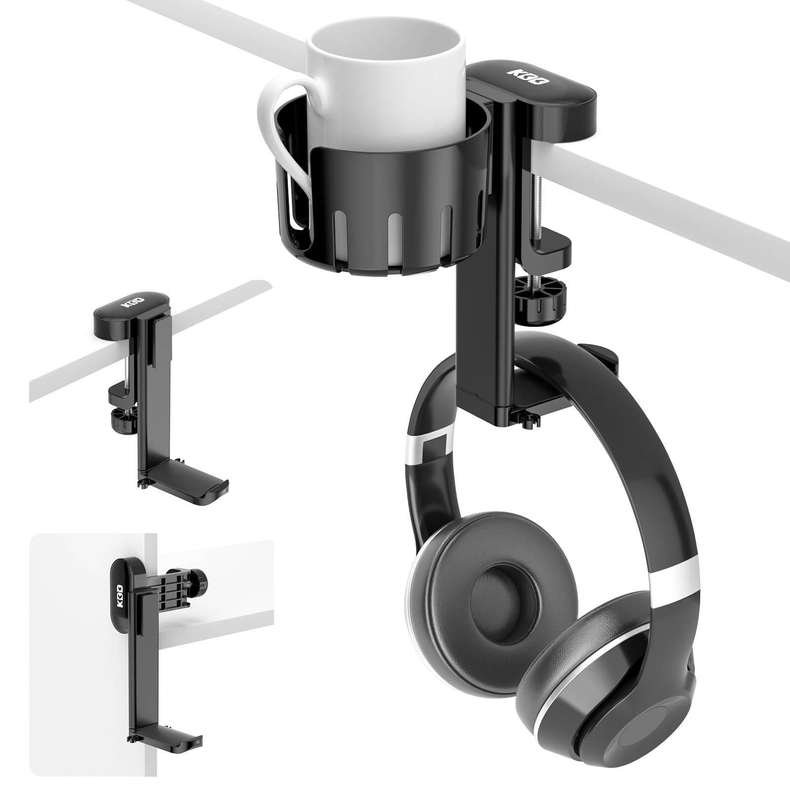 KDD 2-in-1 Rotatable Under Desk Headphone Hanger with Cup Holder - Space Saving Headset Stand for Gaming, Office & Home Use - Holds Coffee Mugs, Water Bottles & Headphones (Black)