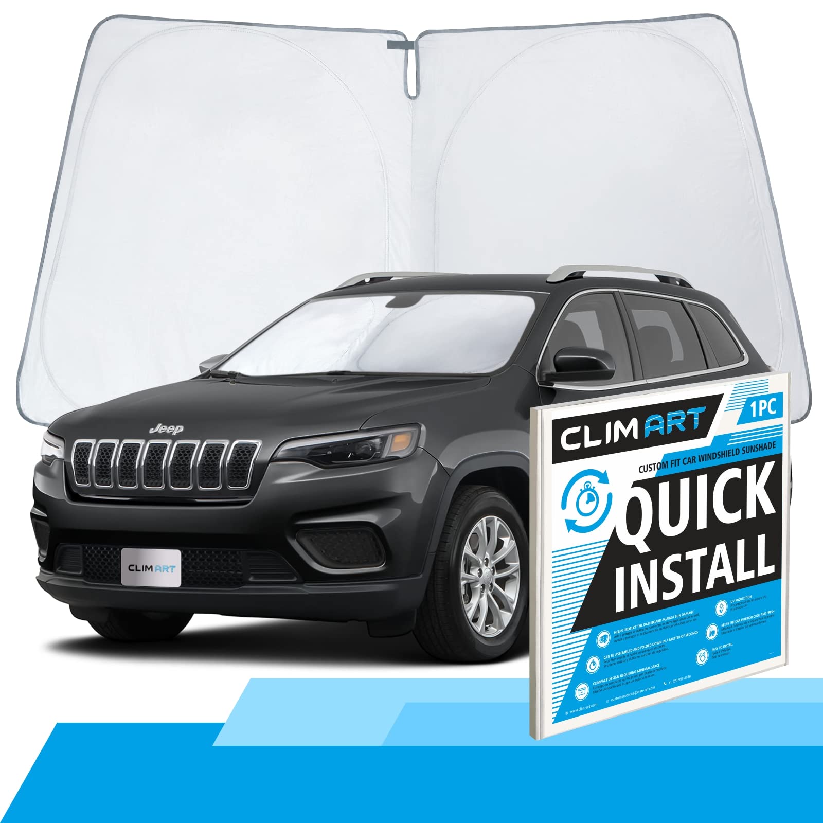CLIM ART Custom-Fit Foldable Windshield Sun Shade for Jeep Cherokee 2014-2023 | UV Protection Car Sunshade | Heat Resistant Auto Windshield Cover (WS5011) - Perfect for Parking, Road Trips & Summer Protection