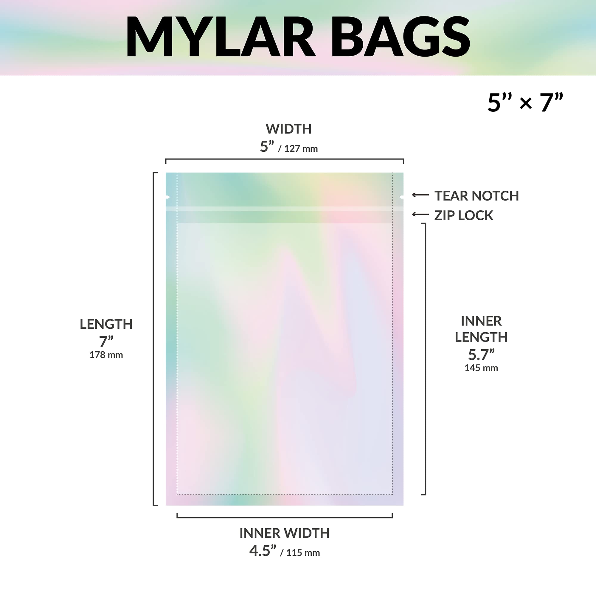 5 x 7 Inch Mylar Bags with Ziplock | 100 Pack Rainbow Holographic Heat Sealable Bags | Food Storage for Candy, Snacks, Coffee, Tea | Medication & Vitamin Organizer | Airtight Packaging for Liquids & Solids | Perfect for Home, Kitchen, Camping & Emergency Supplies