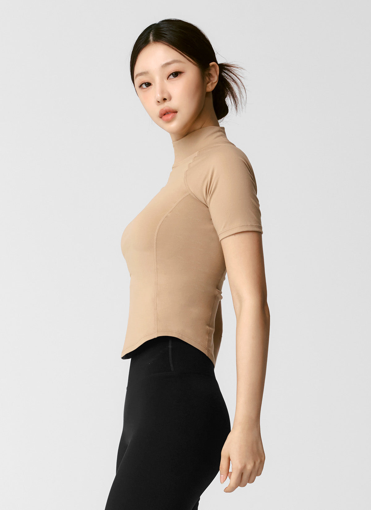Peach-Colored Mock Neck Short Sleeve T-Shirt for Women - Casual Summer Top for Outfits, Dating & Office Wear