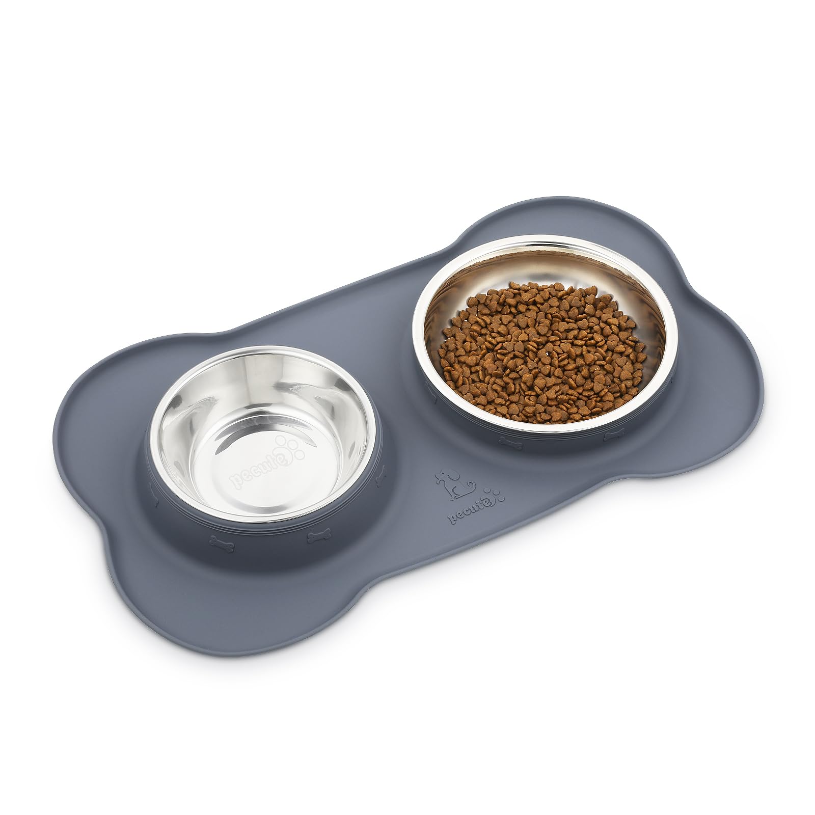 **Pecute Non-Slip Stainless Steel Dog Bowls Set - 2 Pack (14oz Each) with Anti-Spill Silicone Mat for Cats, Puppies & Small Dogs - Perfect for Food & Water Feeding at Home or Travel (Grey)**
