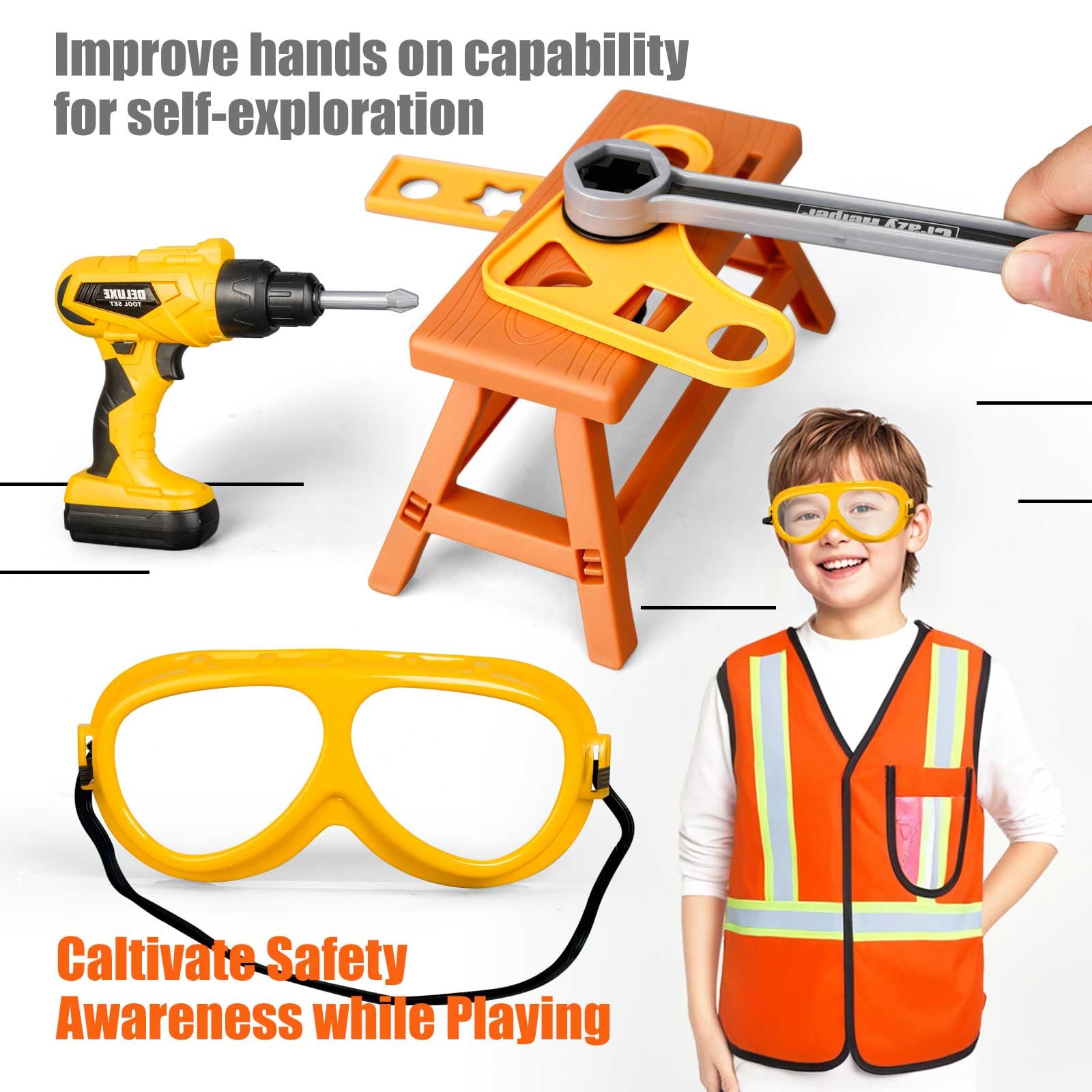 Zealous 48-Piece Kids Tool Set with Tool Box & Electronic Toy Drill - Pretend Play Construction Kit for Toddlers Ages 3-5 - Perfect for DIY Role Play & Early Learning (Yellow) - Great for Birthday Gifts & Preschool Educational Activities