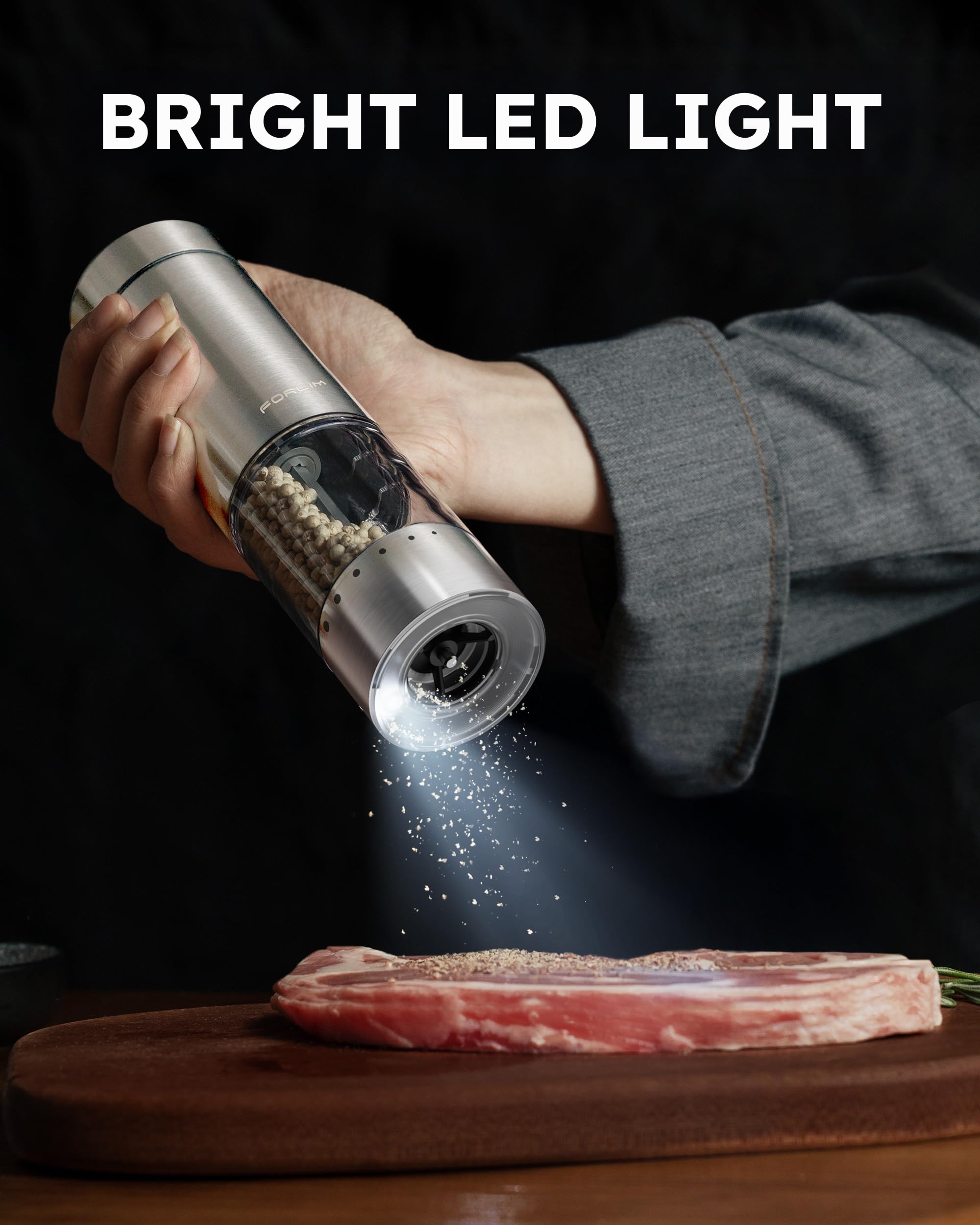 FORLIM Electric Salt and Pepper Grinder Set - Rechargeable Battery Powered, One-Hand Operation with LED Light, Adjustable Coarseness, Stainless Steel & Washable Design - Perfect for Kitchen, Dining Table, Camping, and Gifts