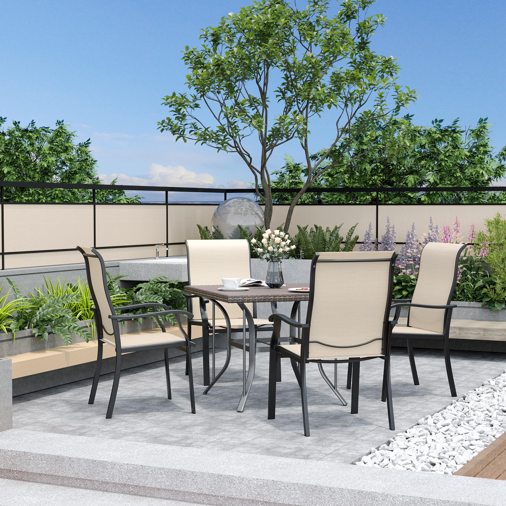 Pamapic 5-Piece Patio Dining Set - Outdoor Table and 4 Textilene Chairs for Garden, Backyard, Poolside & Deck - Durable Plastic-Wood Square Table Top in Beige - Perfect for Outdoor Entertaining, Family Gatherings & Relaxing by the Pool