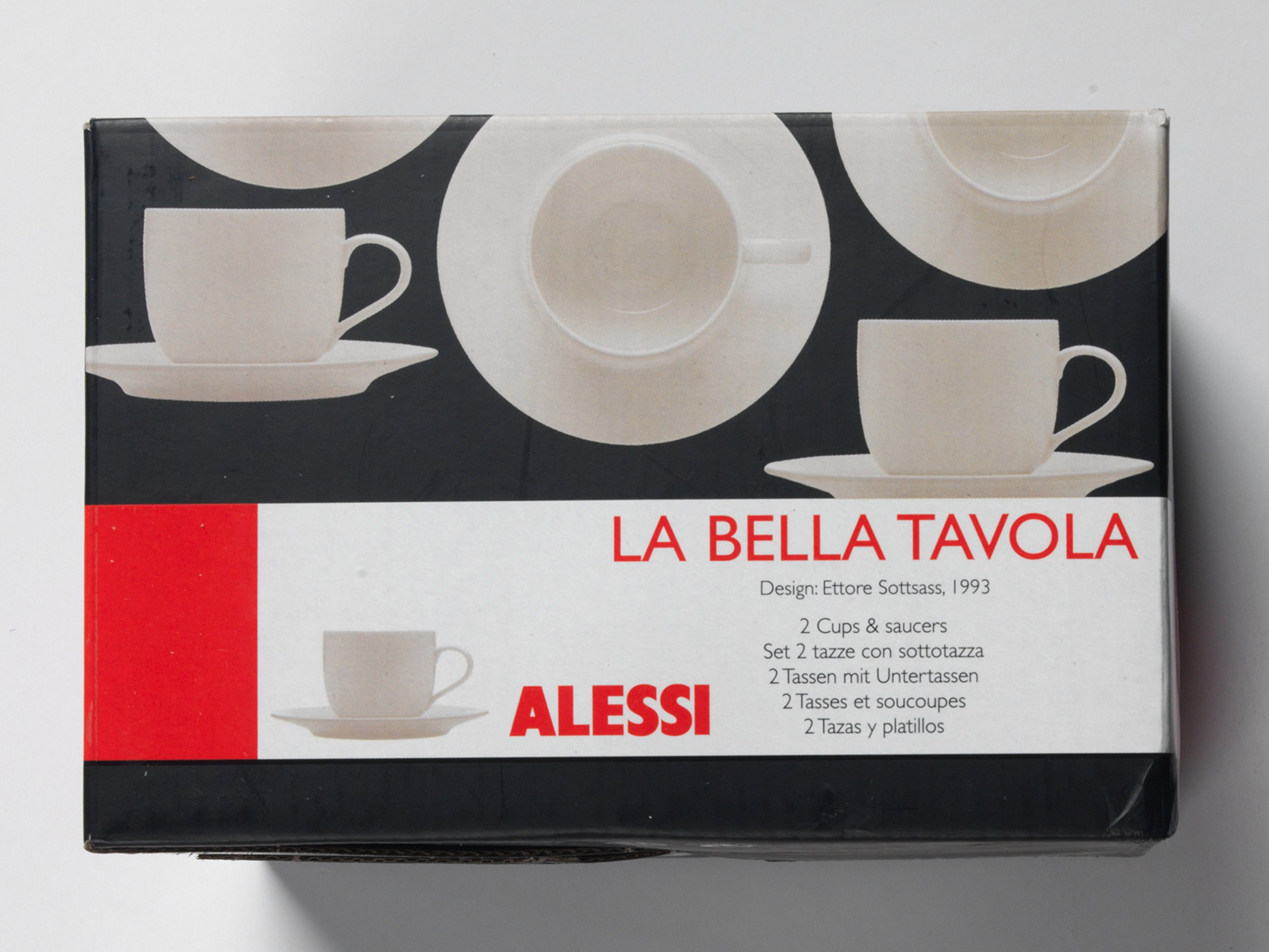 Alessi COMBO-1742 La Bella Tavola Porcelain Tea Cups and Saucers Set - 2 Piece White Fine China for Elegant Afternoon Tea & Coffee Service - Perfect for Home, Cafe, and Gift Giving