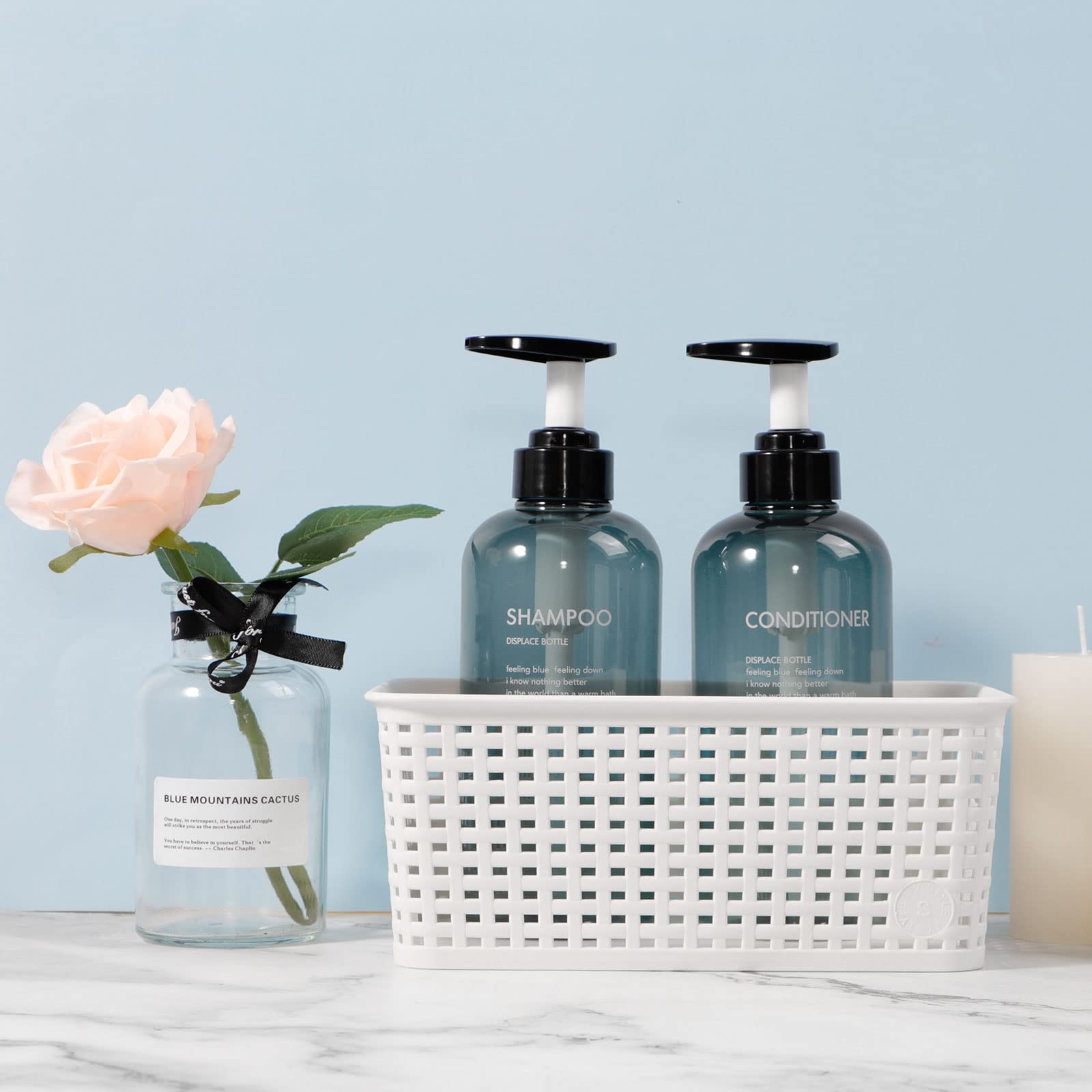 Yeeco 3 Pack 16.9oz/500ml Clear Blue Shampoo & Conditioner Dispenser Bottles with Pump - Refillable Plastic Pump Bottles for Bathroom, Kitchen, Hotel - Perfect for Shower Organizer, Salon Supplies & Travel Toiletries Storage