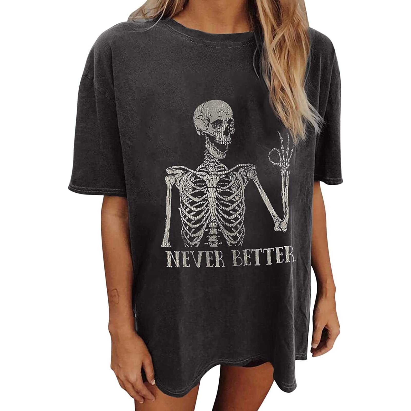 Women's Summer Short Sleeve Crew Neck Skeleton Printed T-Shirt - Casual Loose Funny Graphic Tee for Women - Perfect for Parties, Halloween, Casual Outings & Everyday Wear