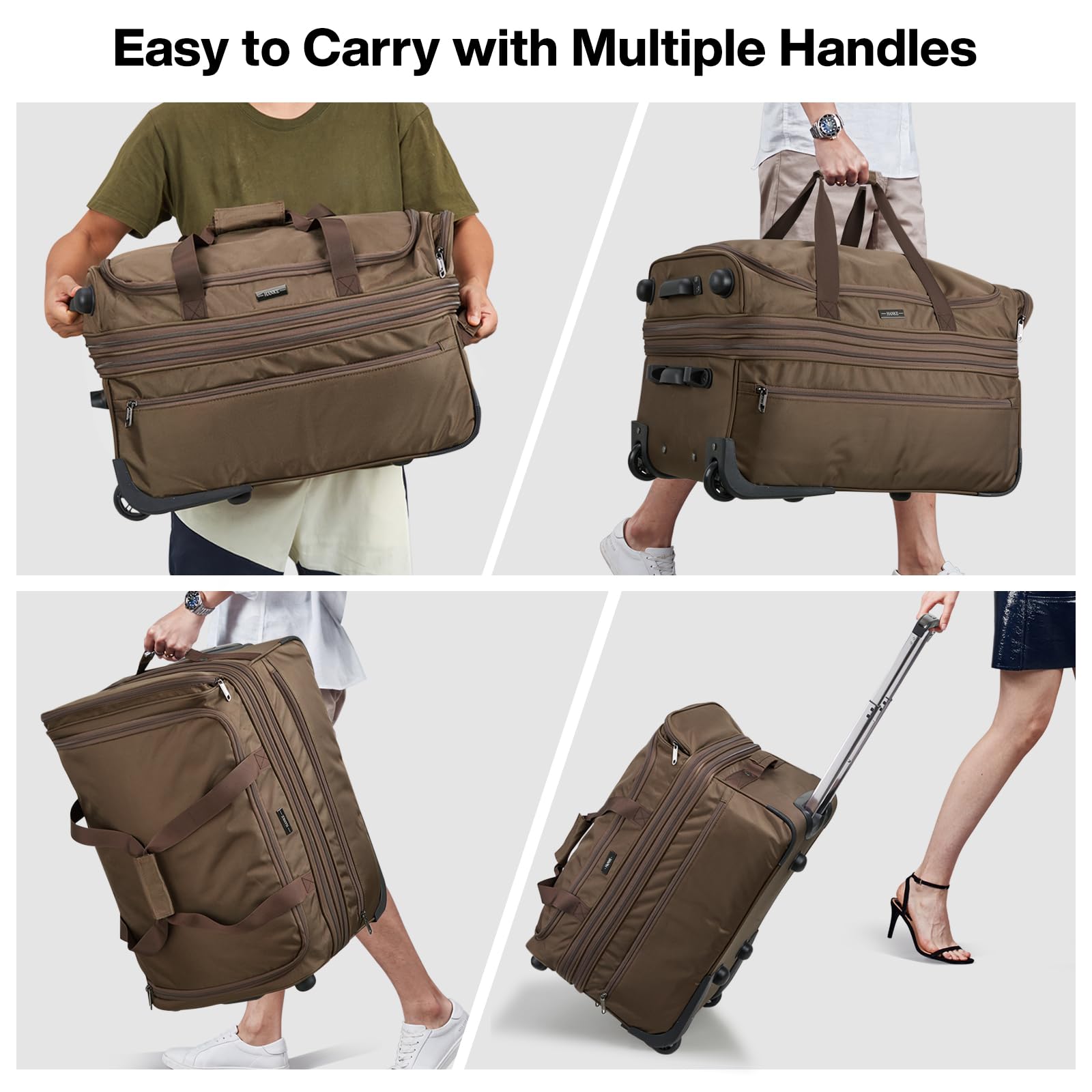 22 Inch Expandable Checked Luggage with Wheels - Foldable Duffle Bag Suitcase for Travel, Weekend Trips | Carry-On & Checked Bag for Women & Men (Coffee Brown) - Perfect for Air Travel, Road Trips & Business Trips